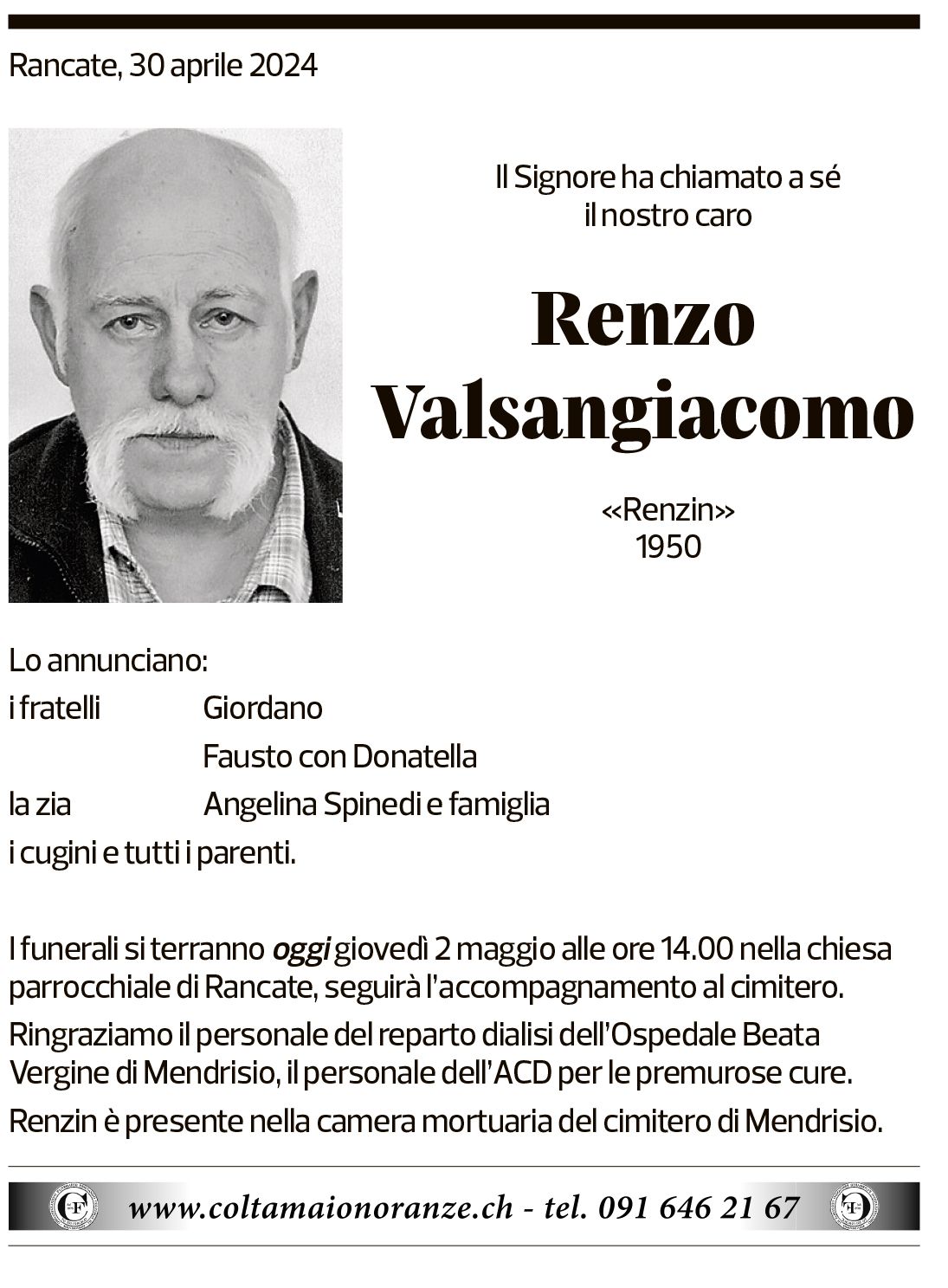 Annuncio funebre Renzo Valsangiacomo