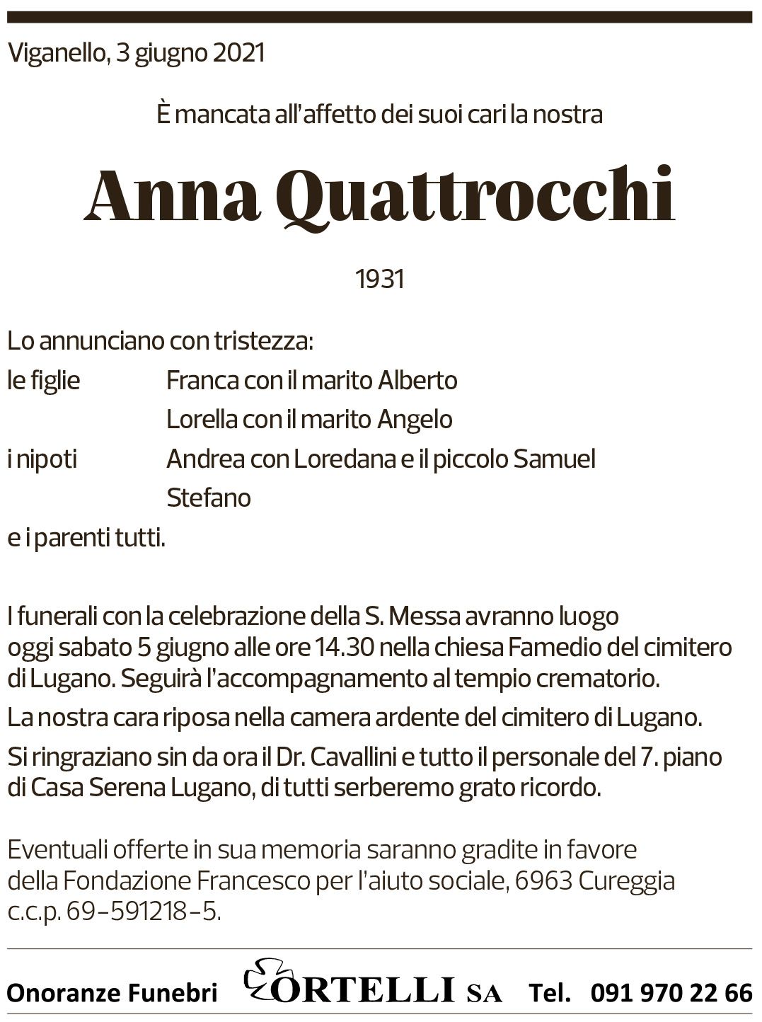 Annuncio funebre Anna Quattrocchi