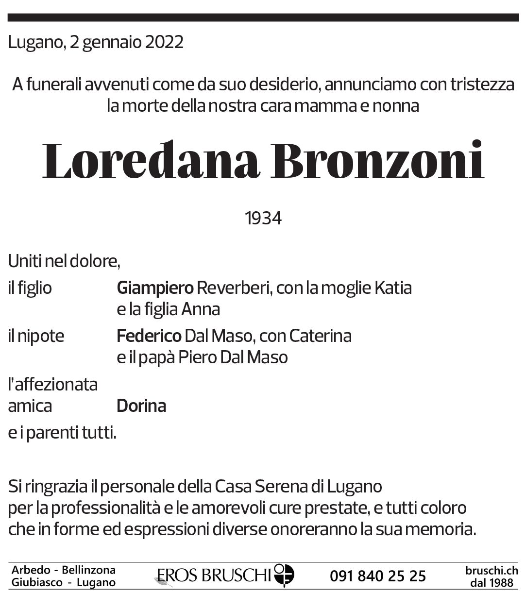 Annuncio funebre Loredana Bronzoni