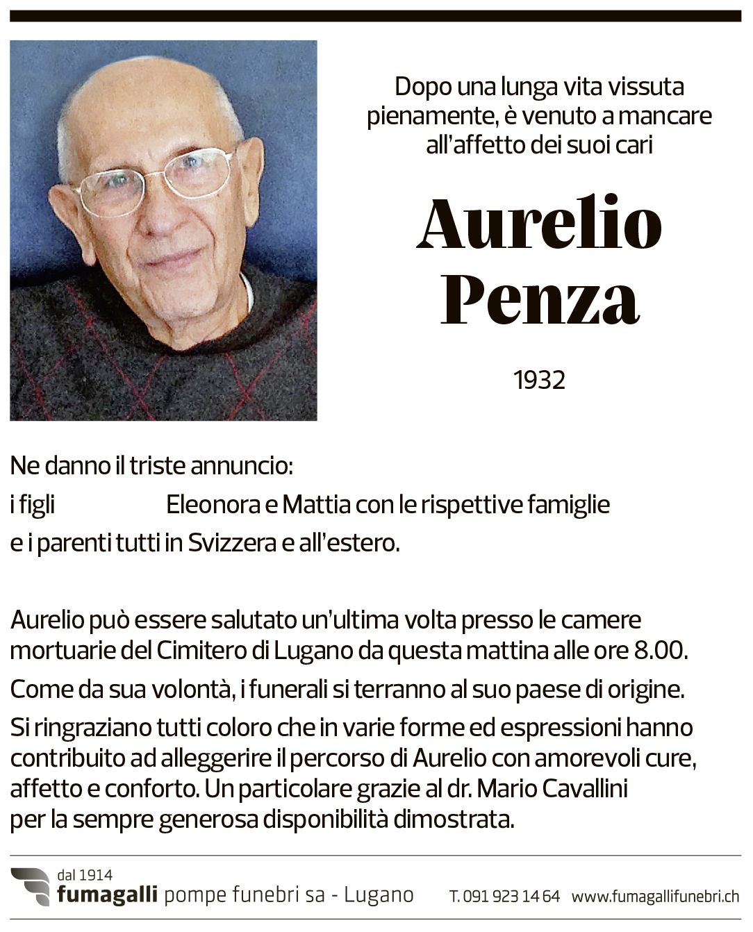 Annuncio funebre Aurelio Penza