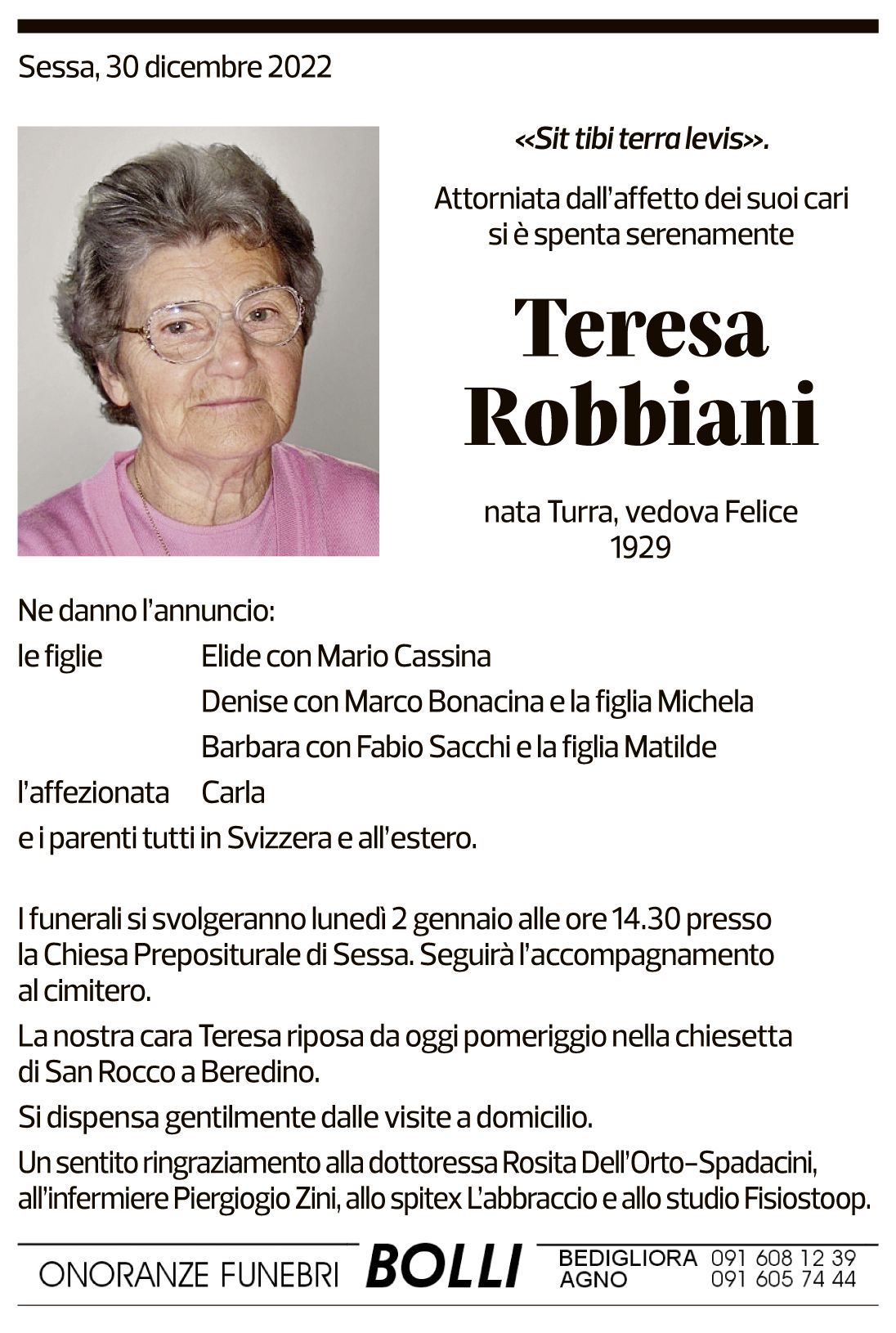 Annuncio funebre Teresa Robbiani