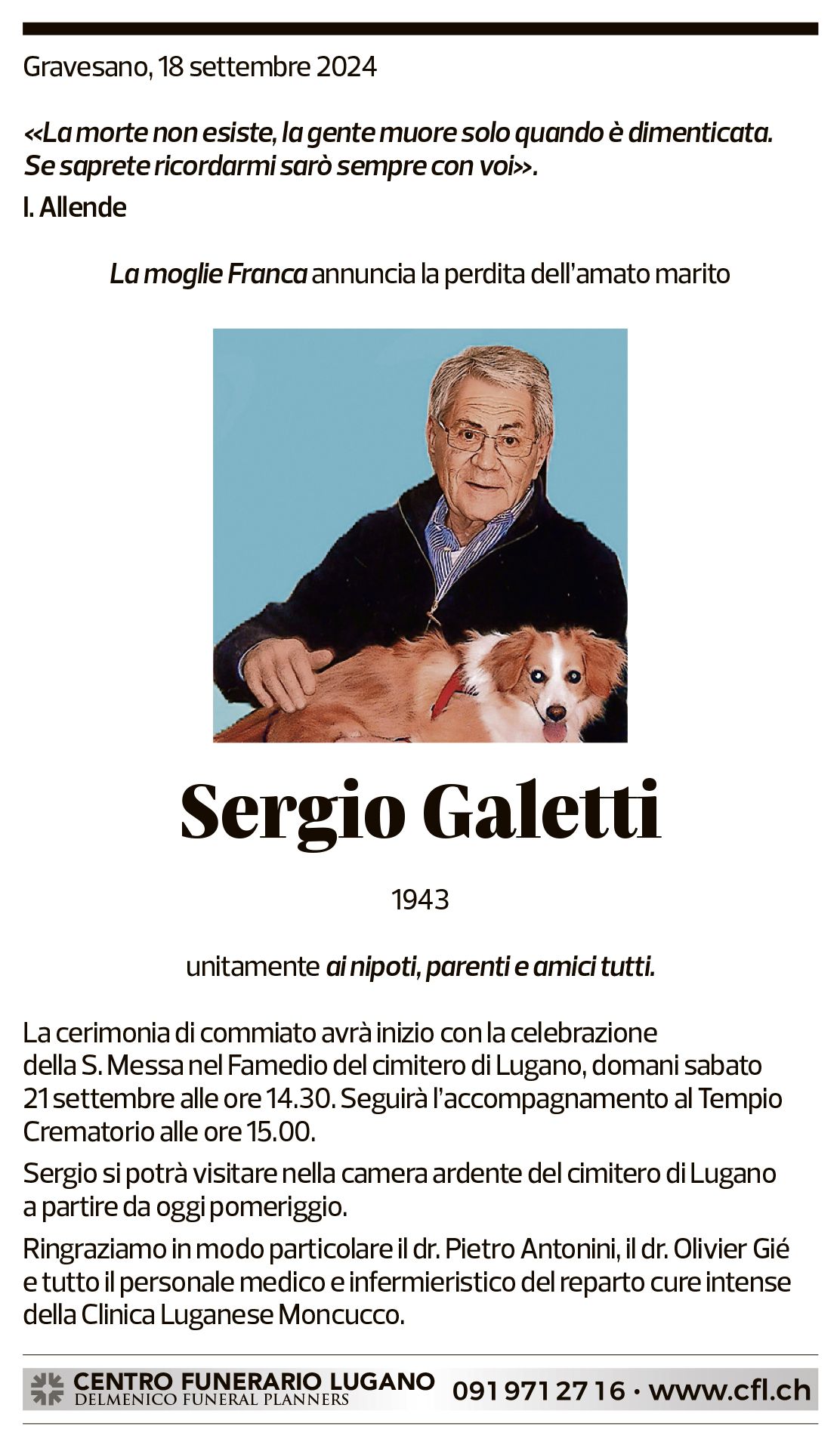 Annuncio funebre Sergio Galetti