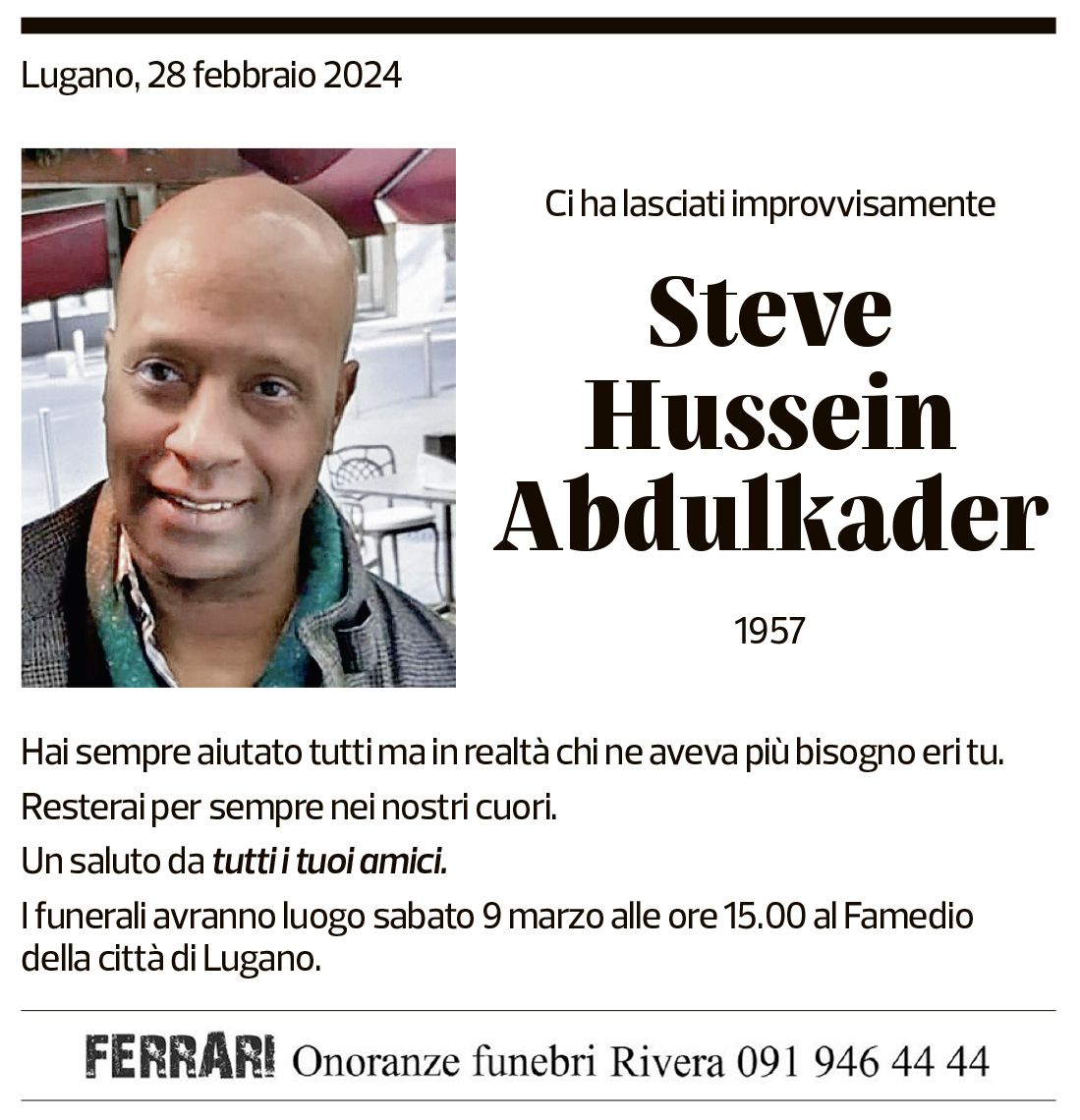 Annuncio funebre Steve Hussein Abdulkader