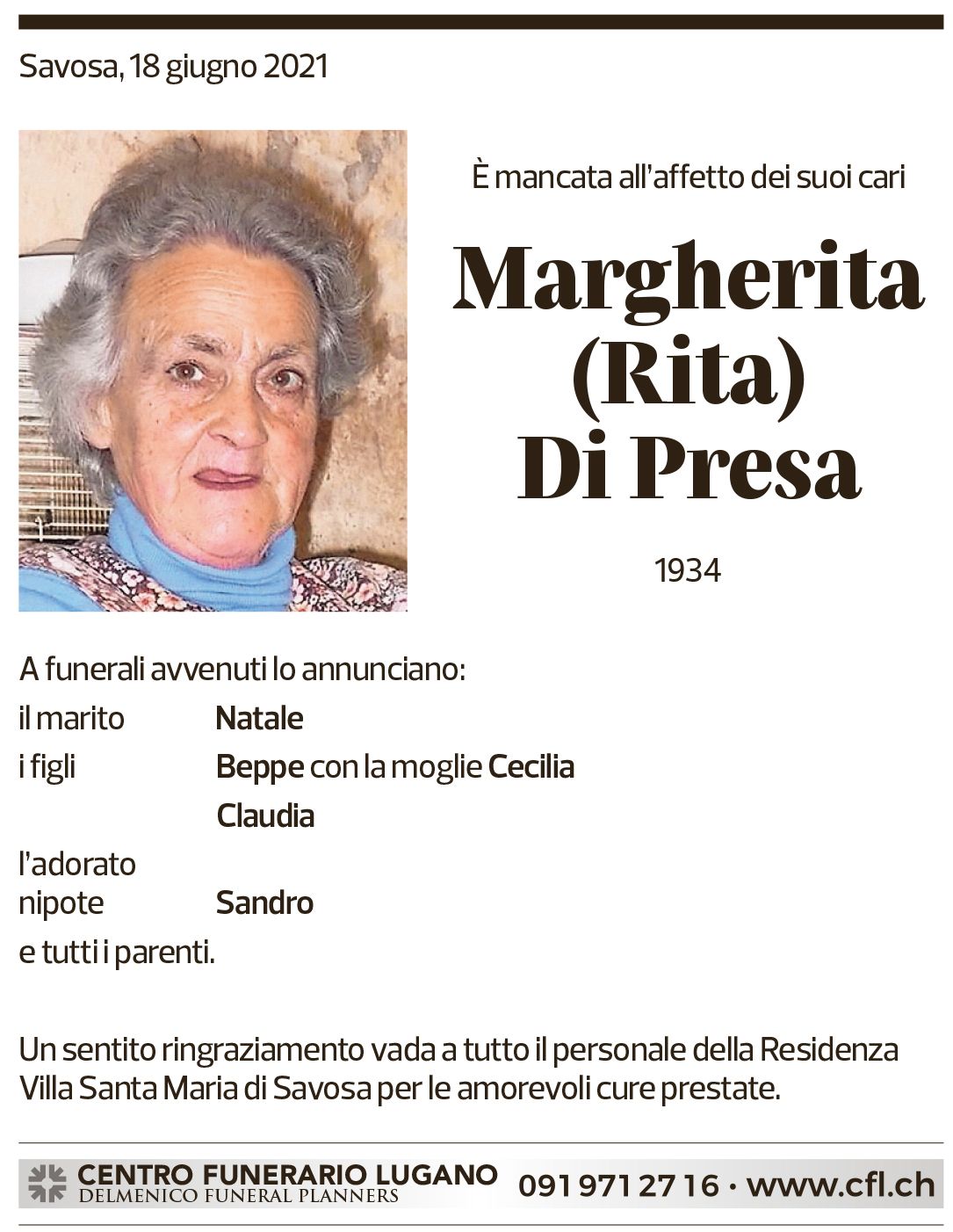 Annuncio funebre Margherita Di Presa