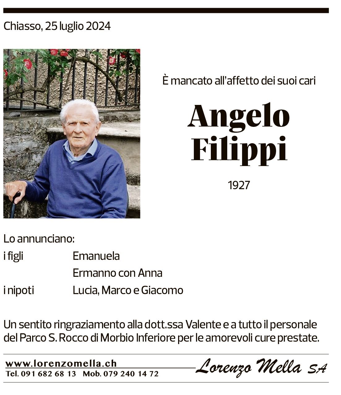 Annuncio funebre Angelo Filippi