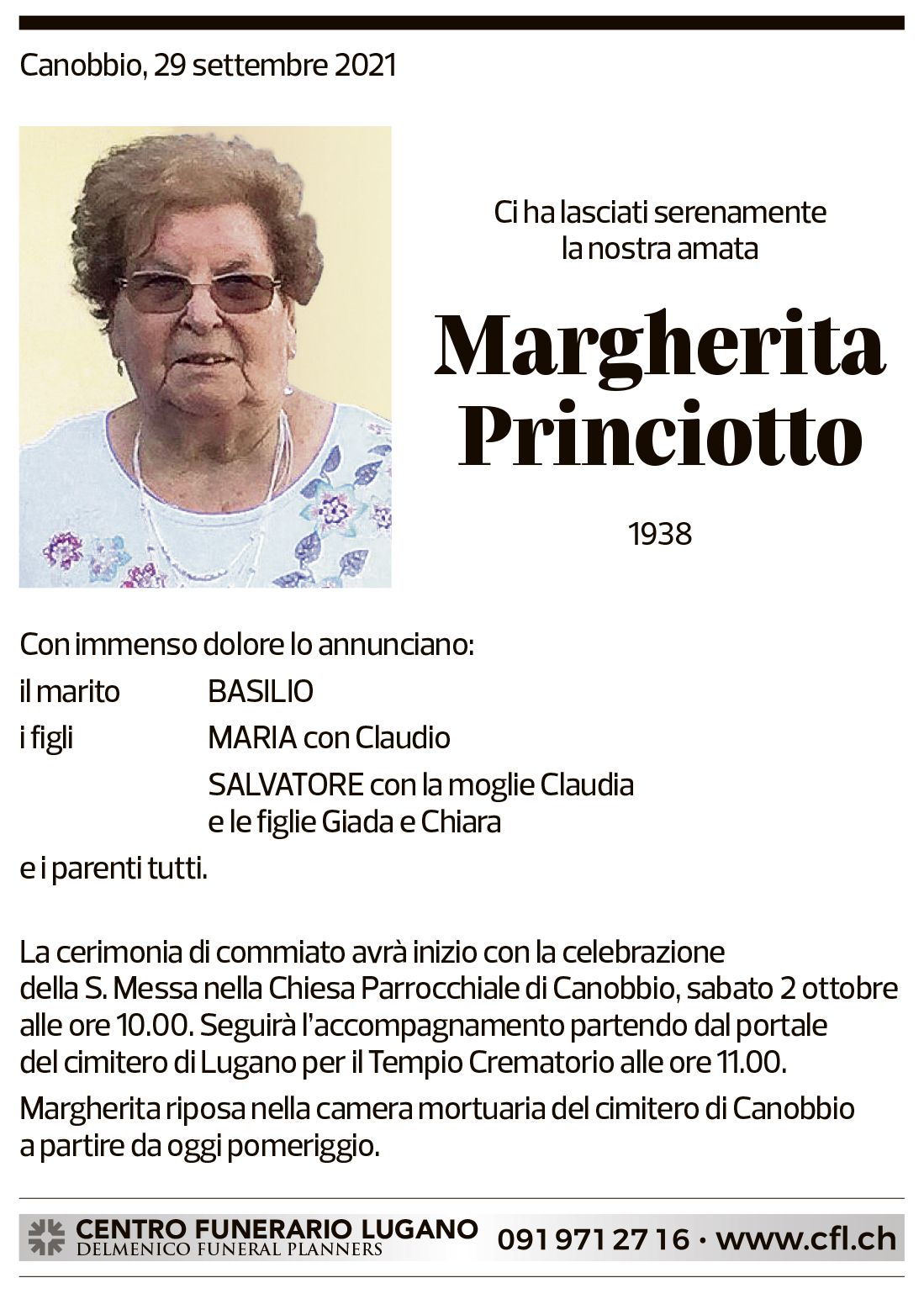 Annuncio funebre Margherita Princiotto