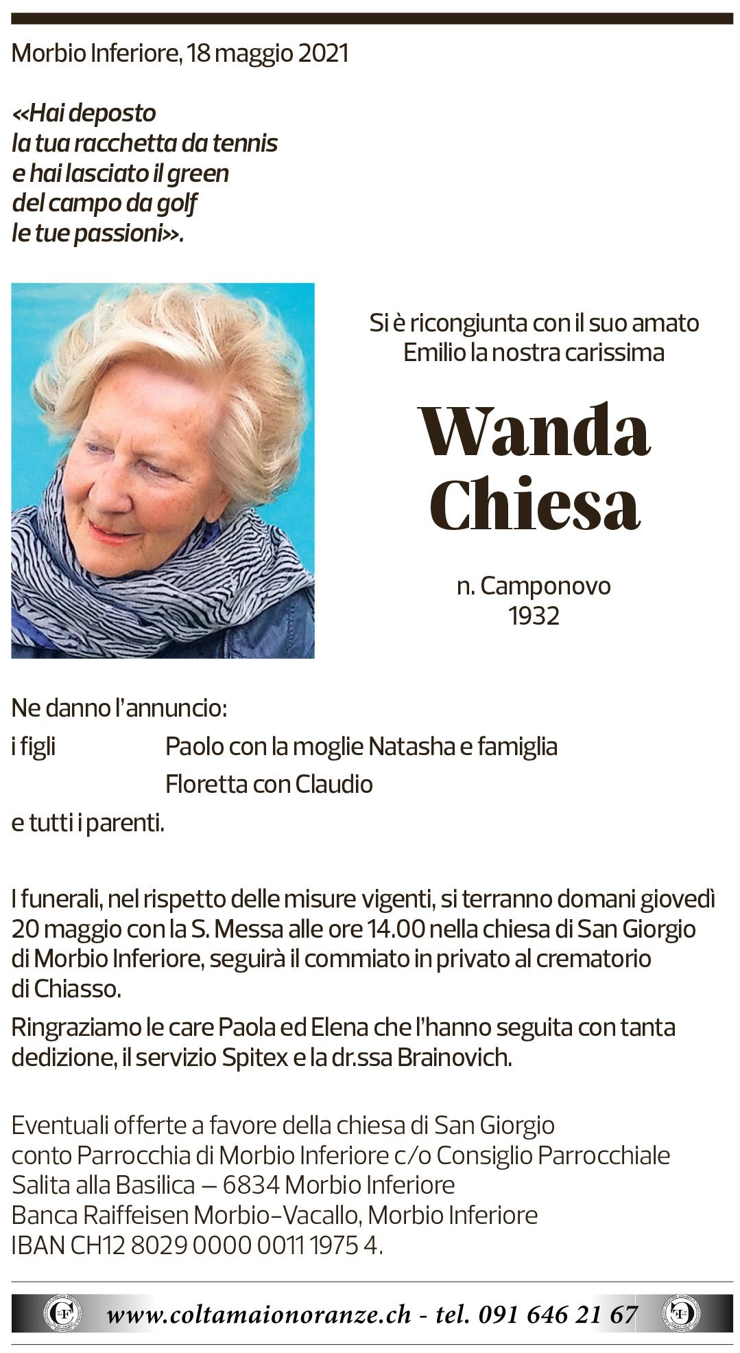 Annuncio funebre Wanda Chiesa