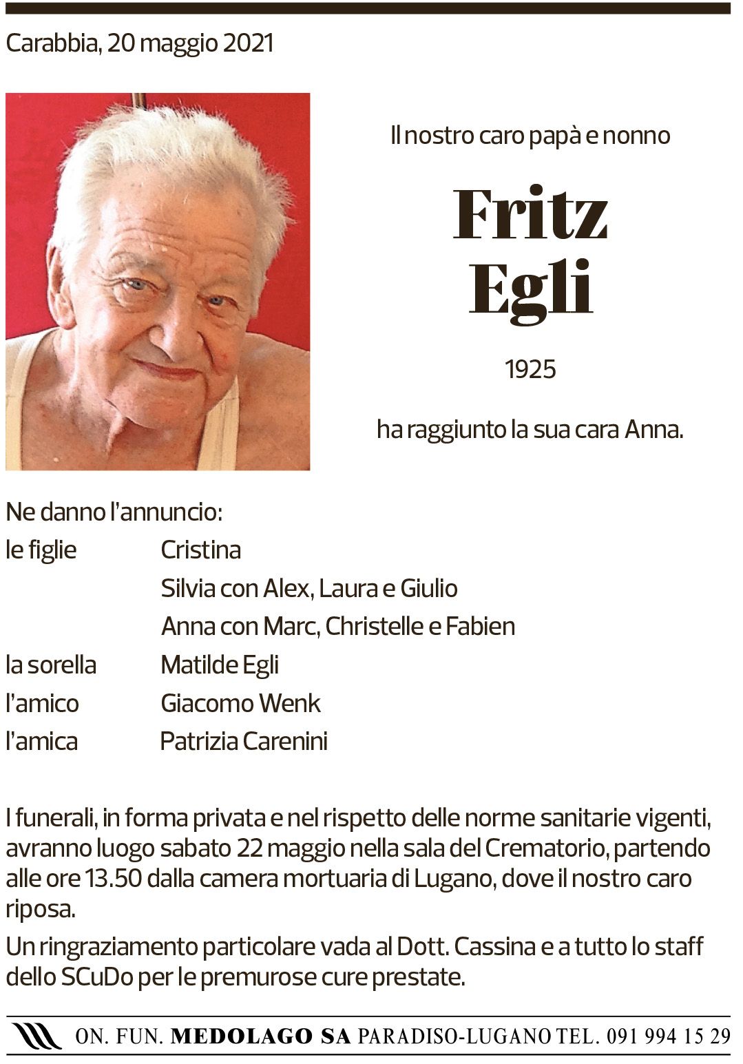 Annuncio funebre Fritz Egli