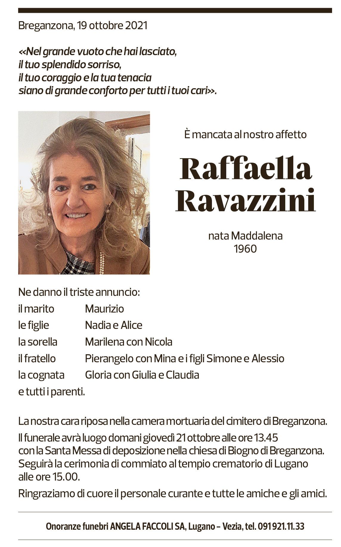 Annuncio funebre Raffaella Ravazzini