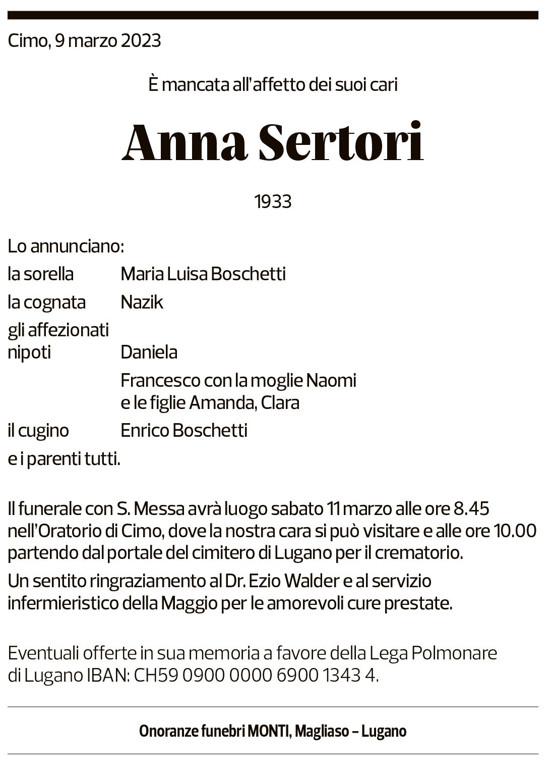 Annuncio funebre Anna Sertori