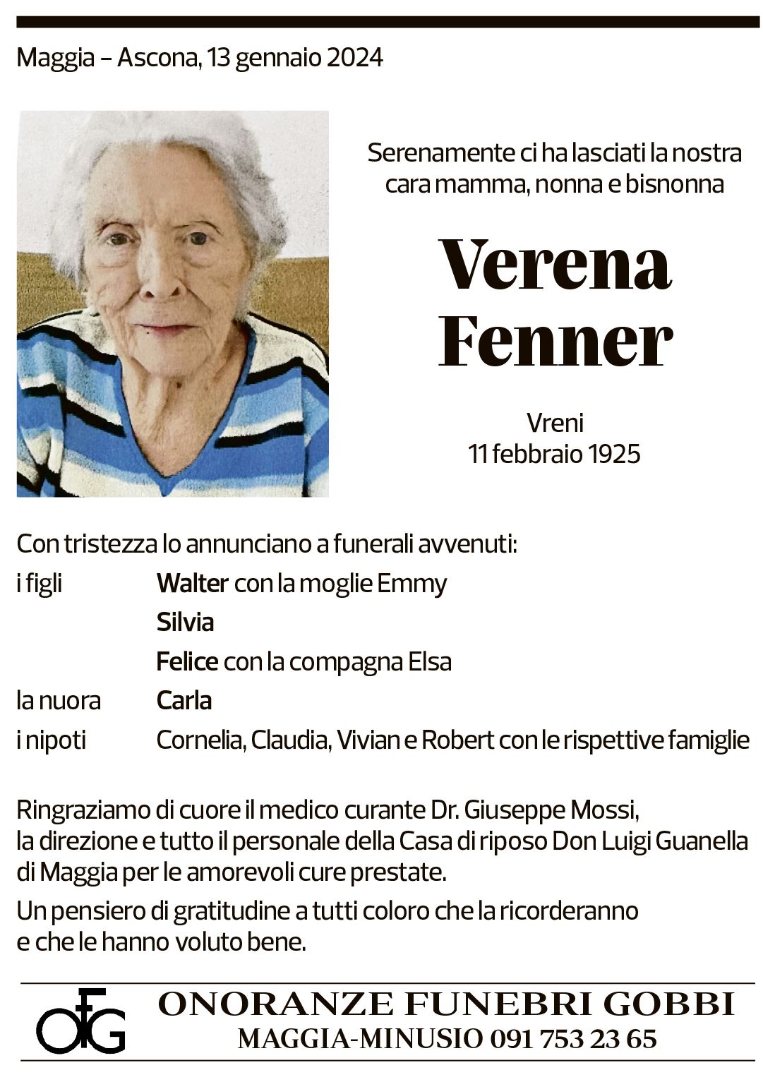 Annuncio funebre Verena Fenner