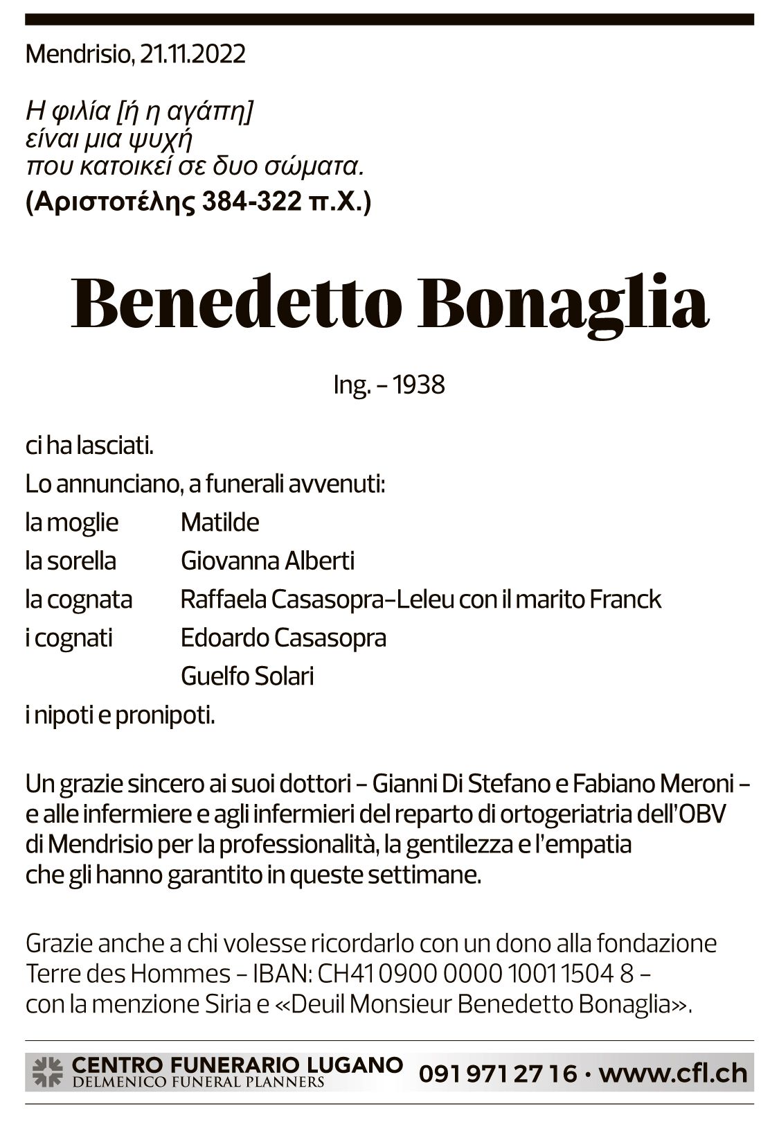 Annuncio funebre Benedetto Bonaglia