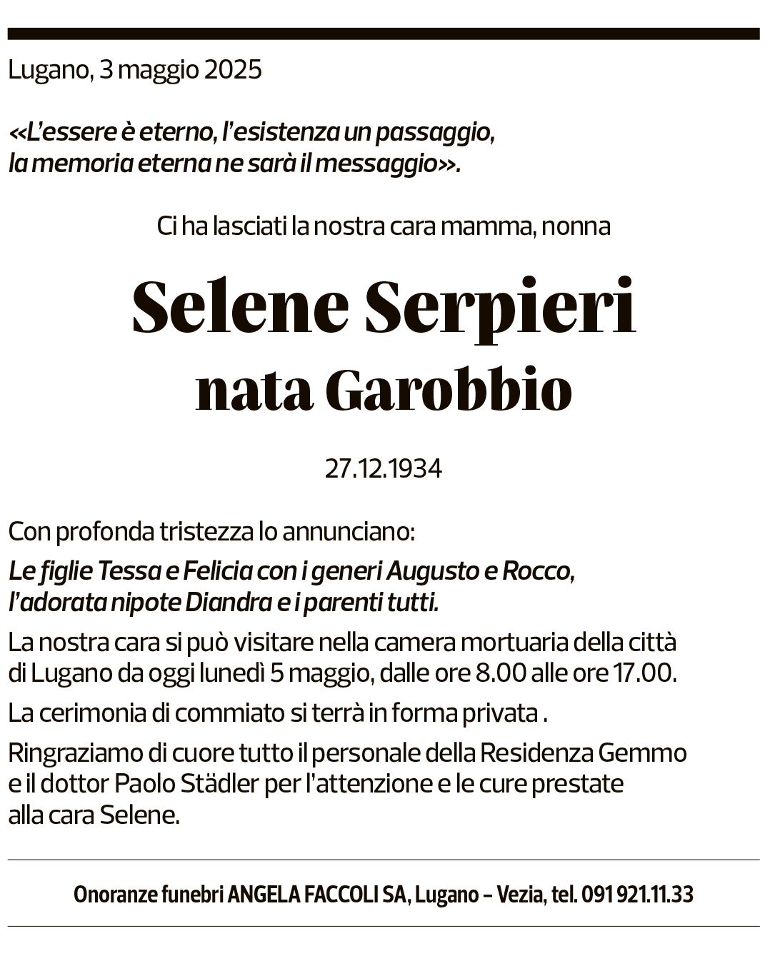 Annuncio funebre Selene Serpieri
