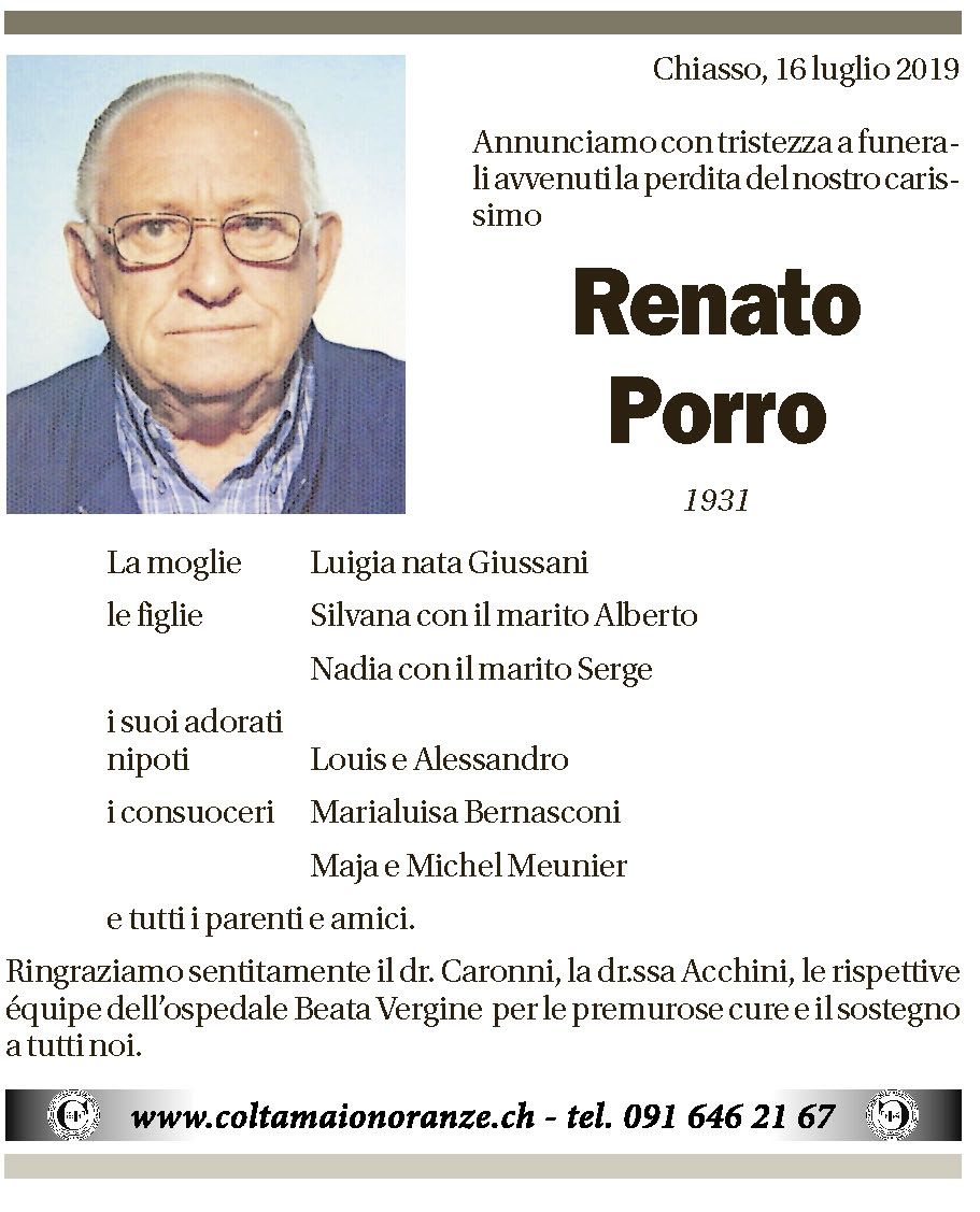 Annuncio funebre Renato Porro