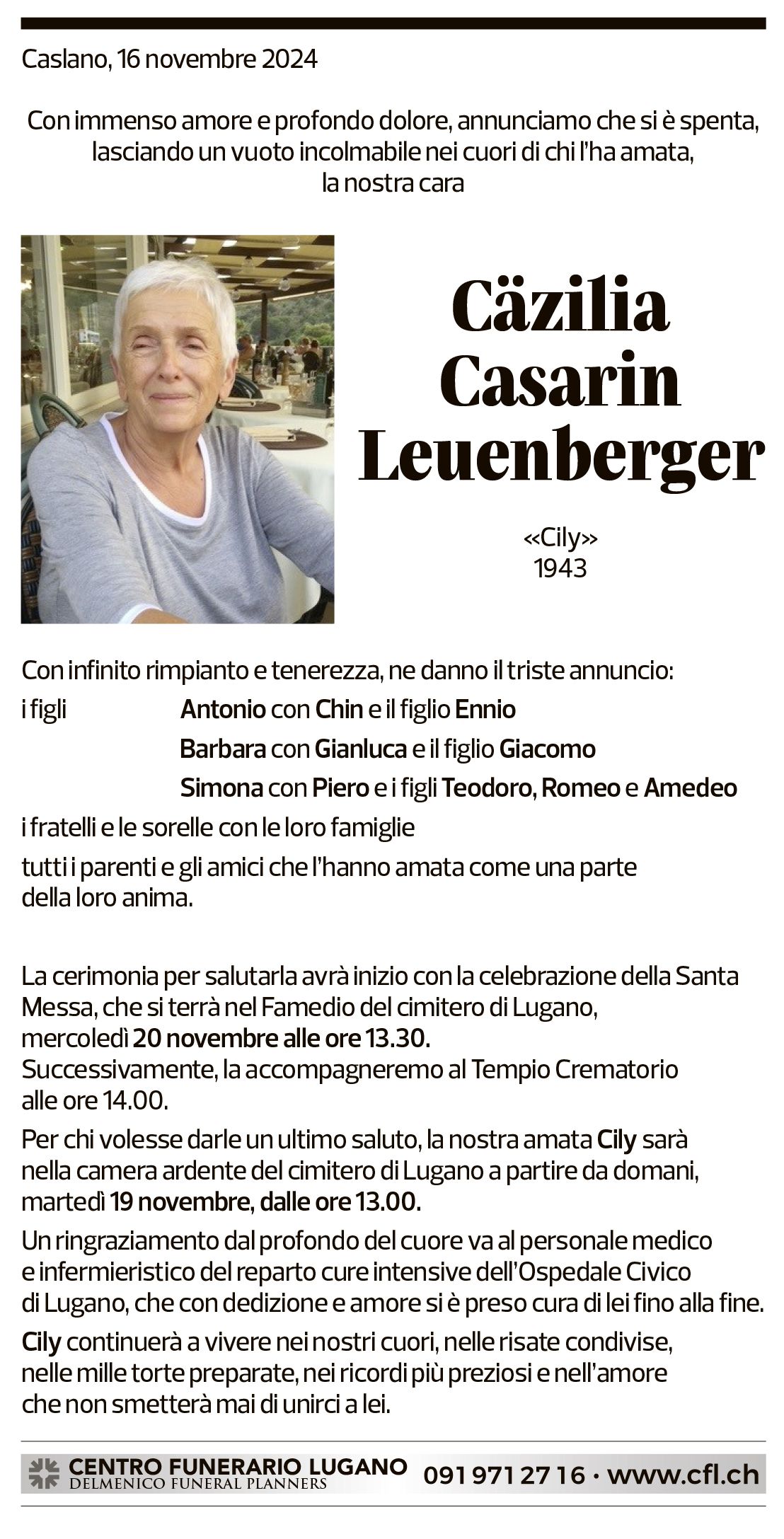 Annuncio funebre Cäzilia Casarin Leuenberger