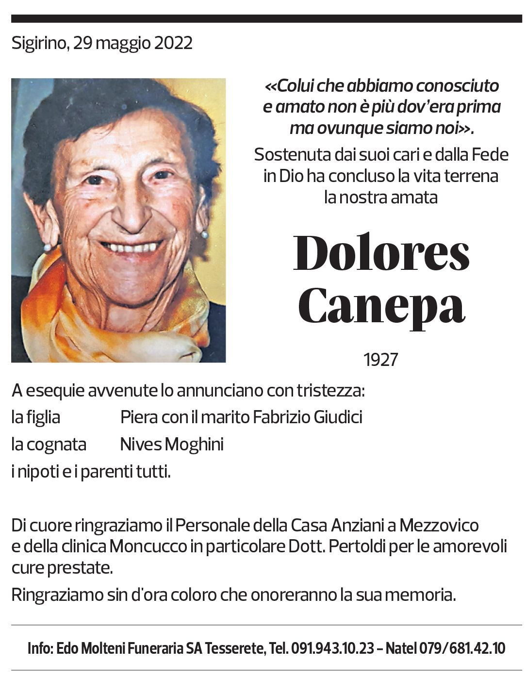 Annuncio funebre Dolores Canepa