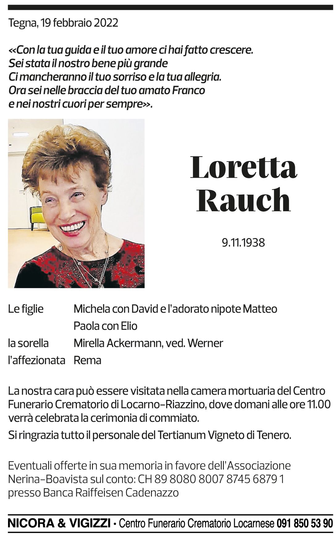 Annuncio funebre Loretta Rauch