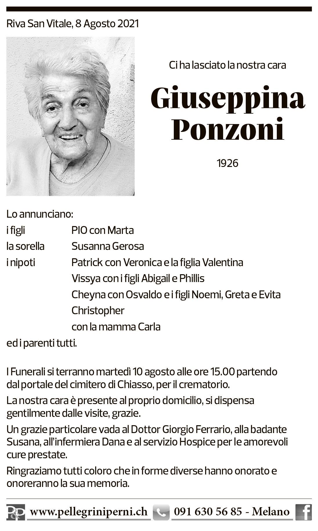 Annuncio funebre Giuseppina Ponzoni