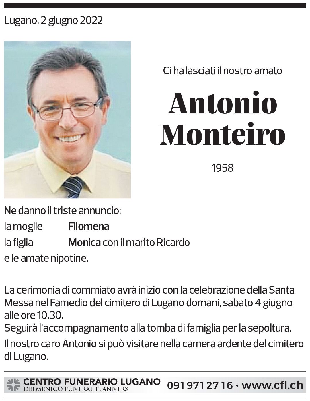 Annuncio funebre Antonio Monteiro