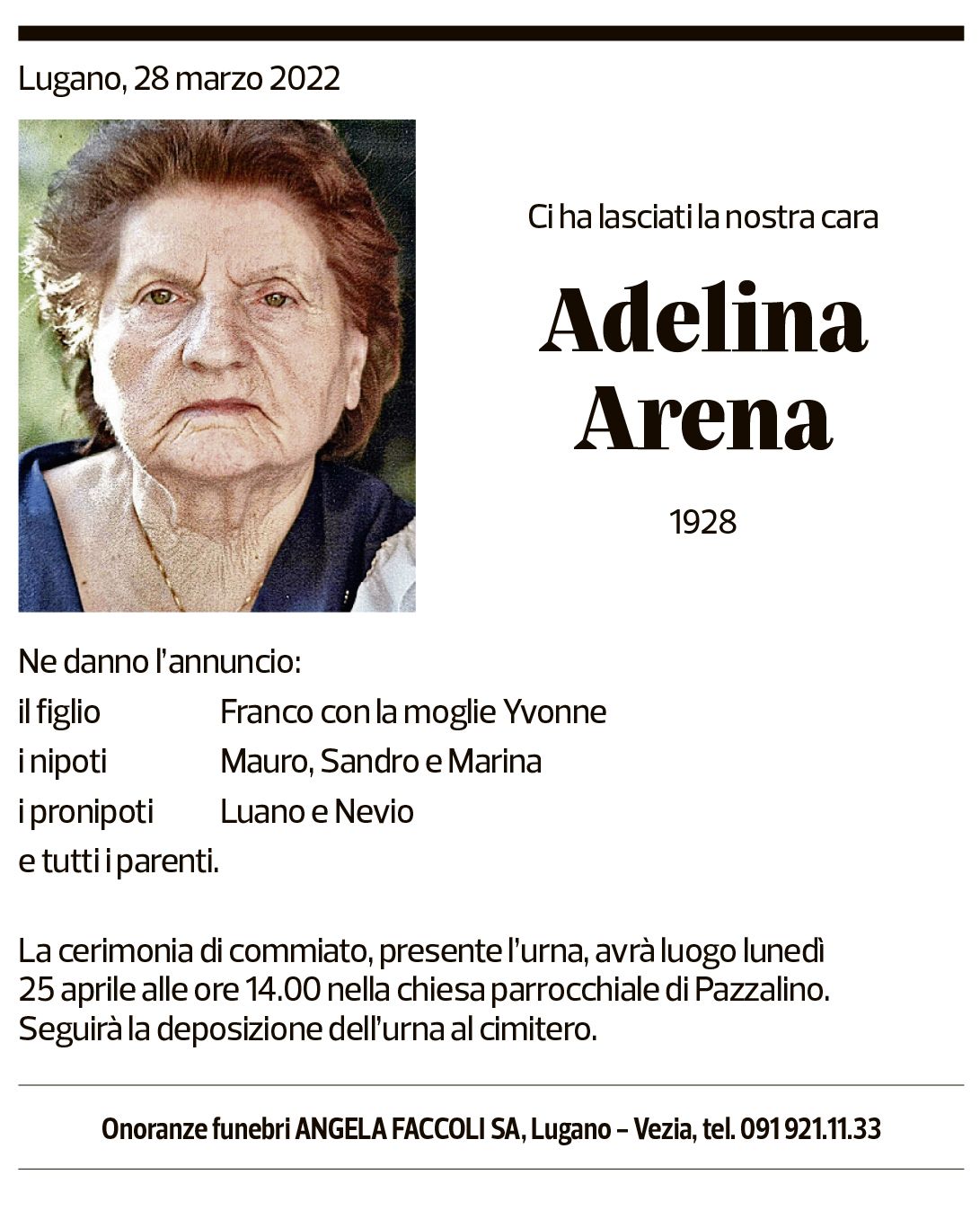 Annuncio funebre Adelina Arena