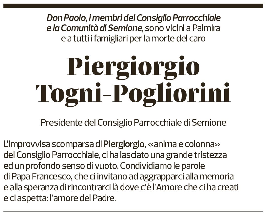 Annuncio funebre Piergiorgio Togni-pogliorini