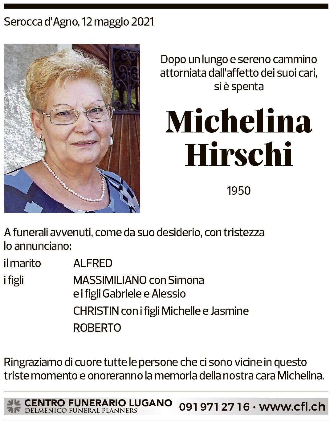 Annuncio funebre Michelina Hirschi