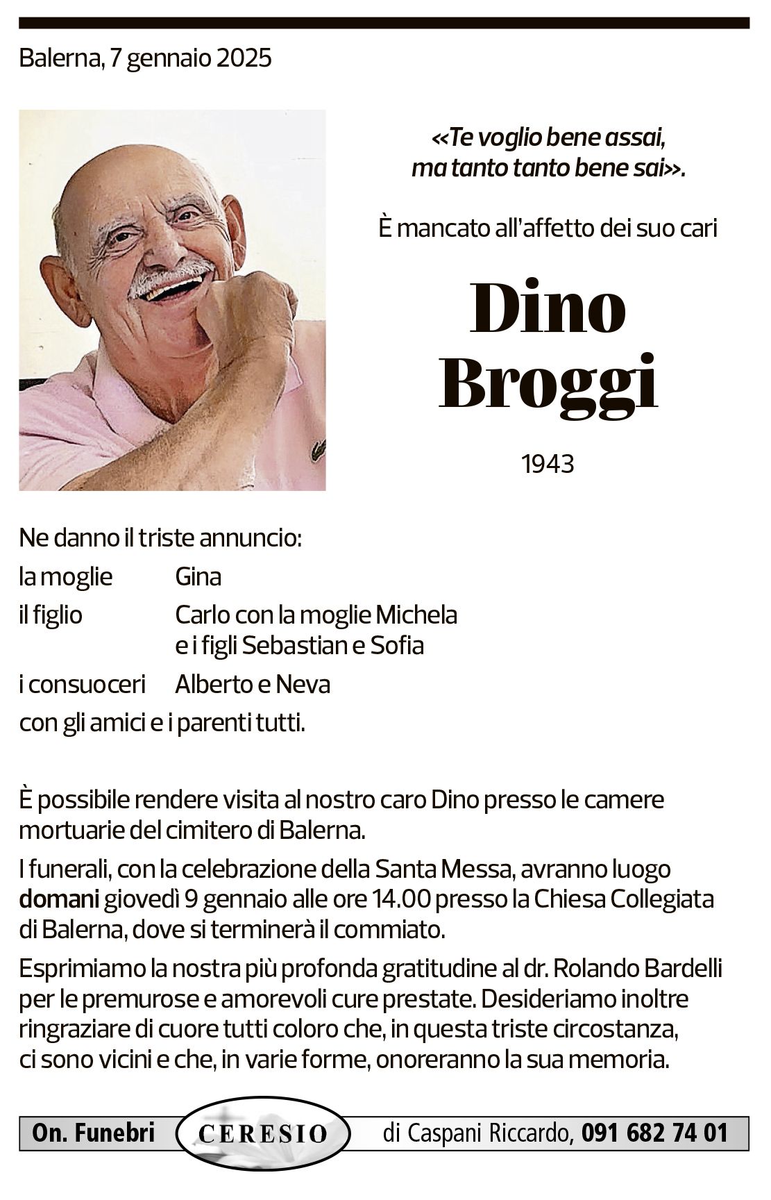 Annuncio funebre Dino Broggi