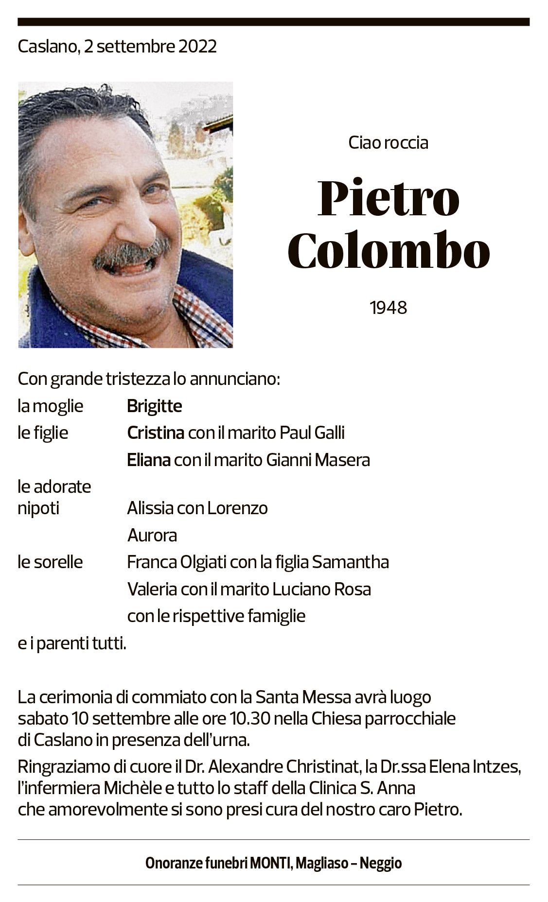 Annuncio funebre Pietro Colombo