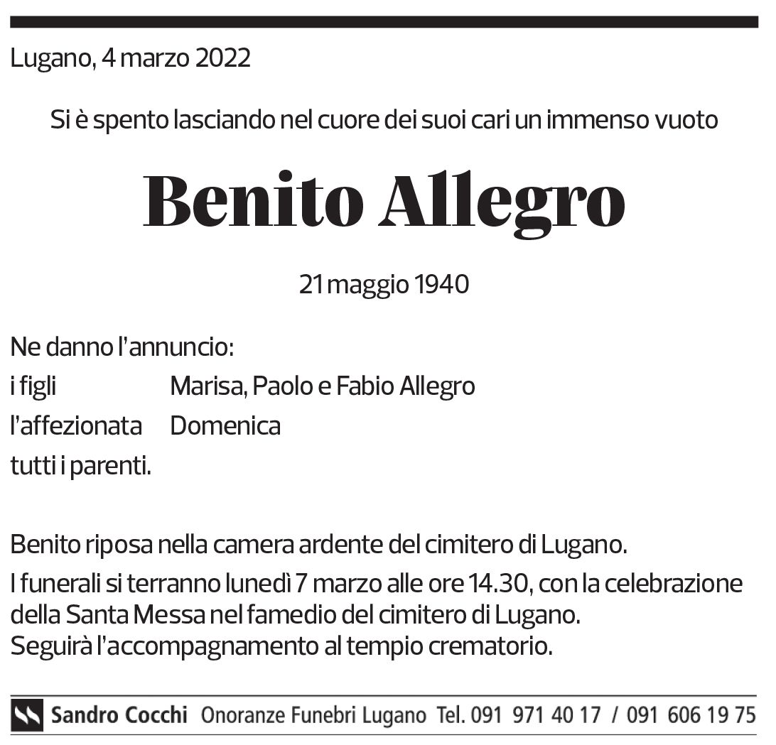 Annuncio funebre Benito Allegro