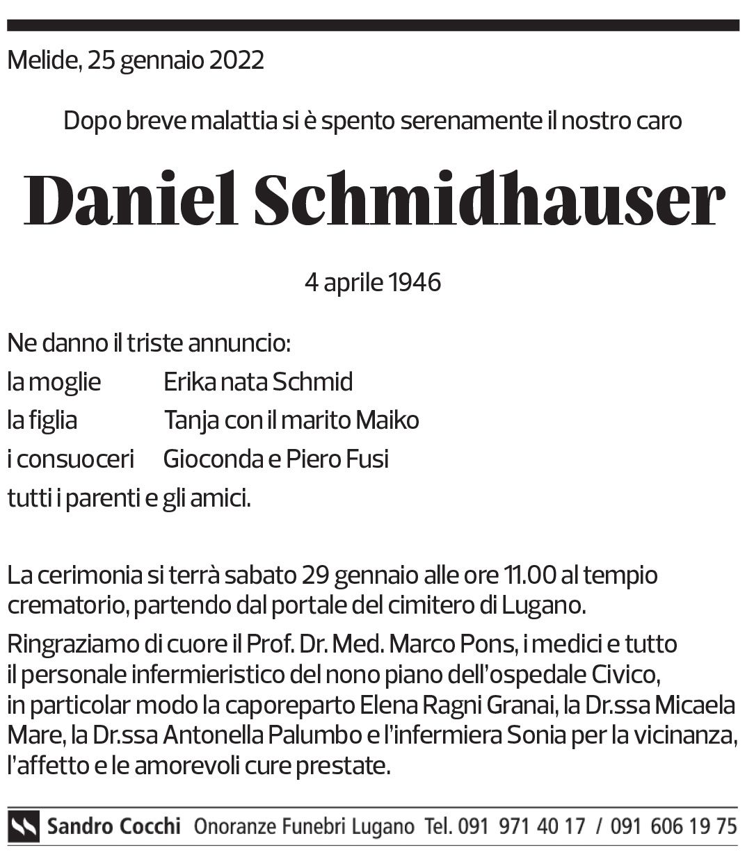 Annuncio funebre Daniel Schmidhauser