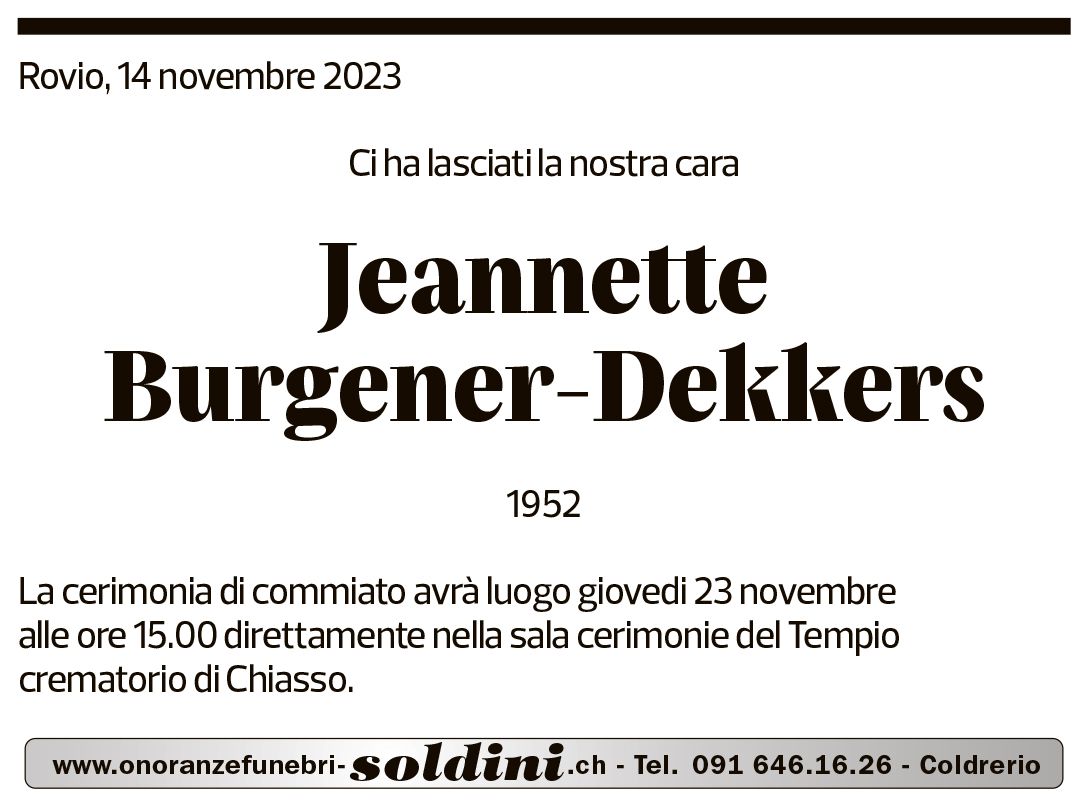 Annuncio funebre Jeannette Burgener-dekkers