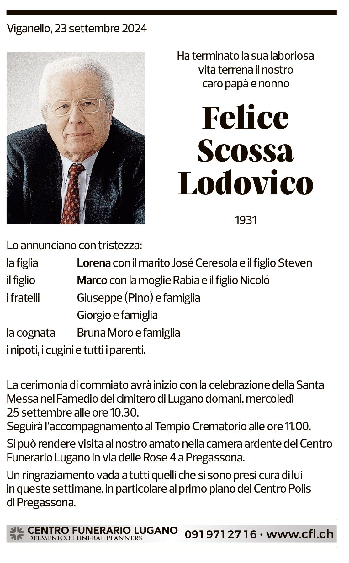 Annuncio funebre Felice Scossa Lodovico