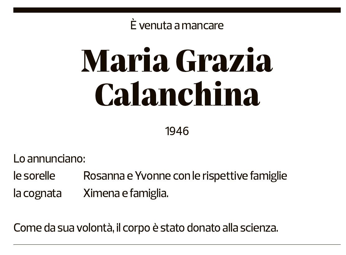 Annuncio funebre Maria Grazia Calanchina