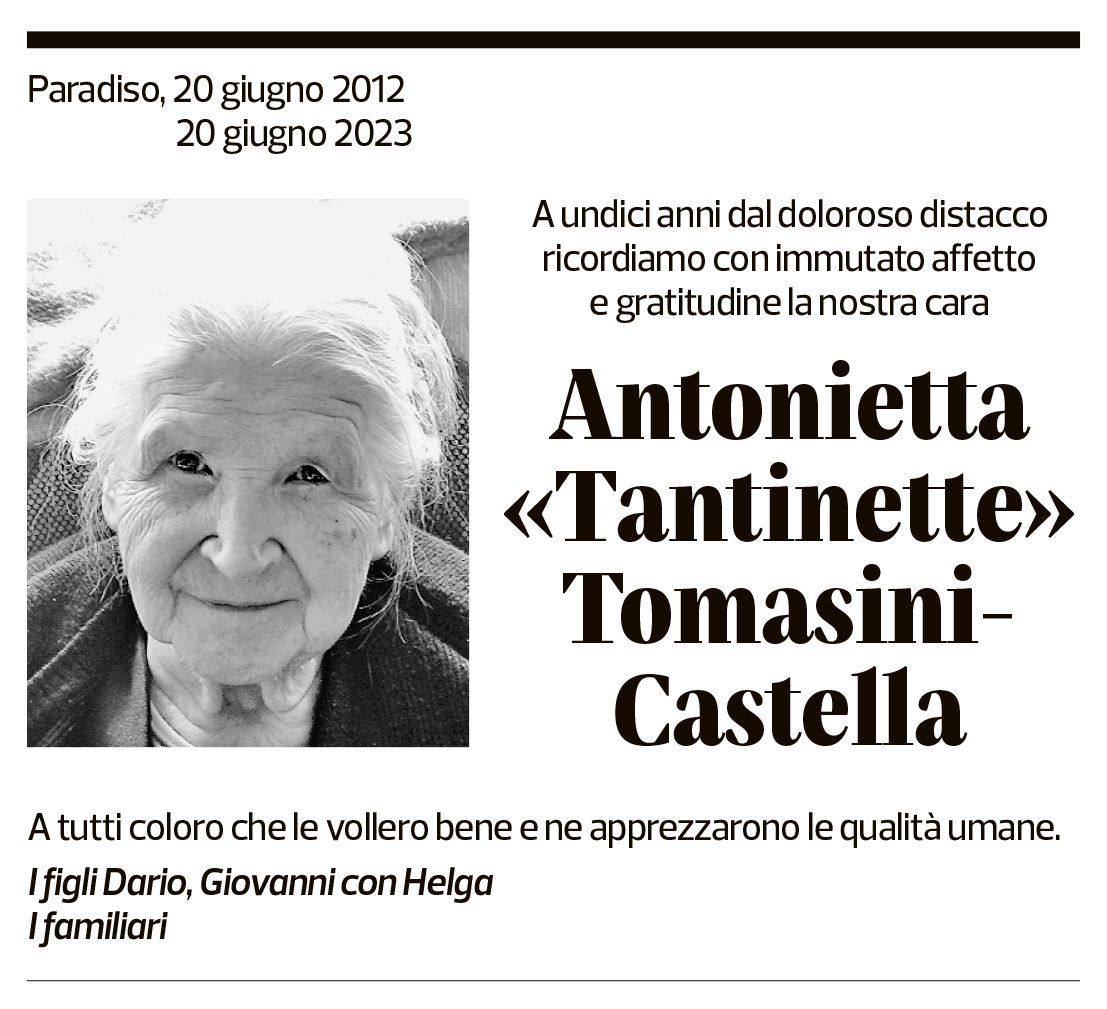 Annuncio funebre Antonietta "tantinette" Tomasini-castella