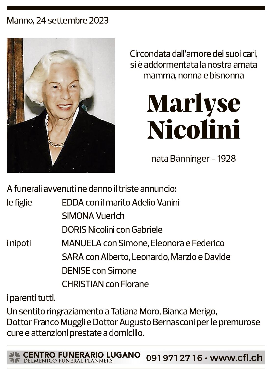 Annuncio funebre Marlyse Nicolini