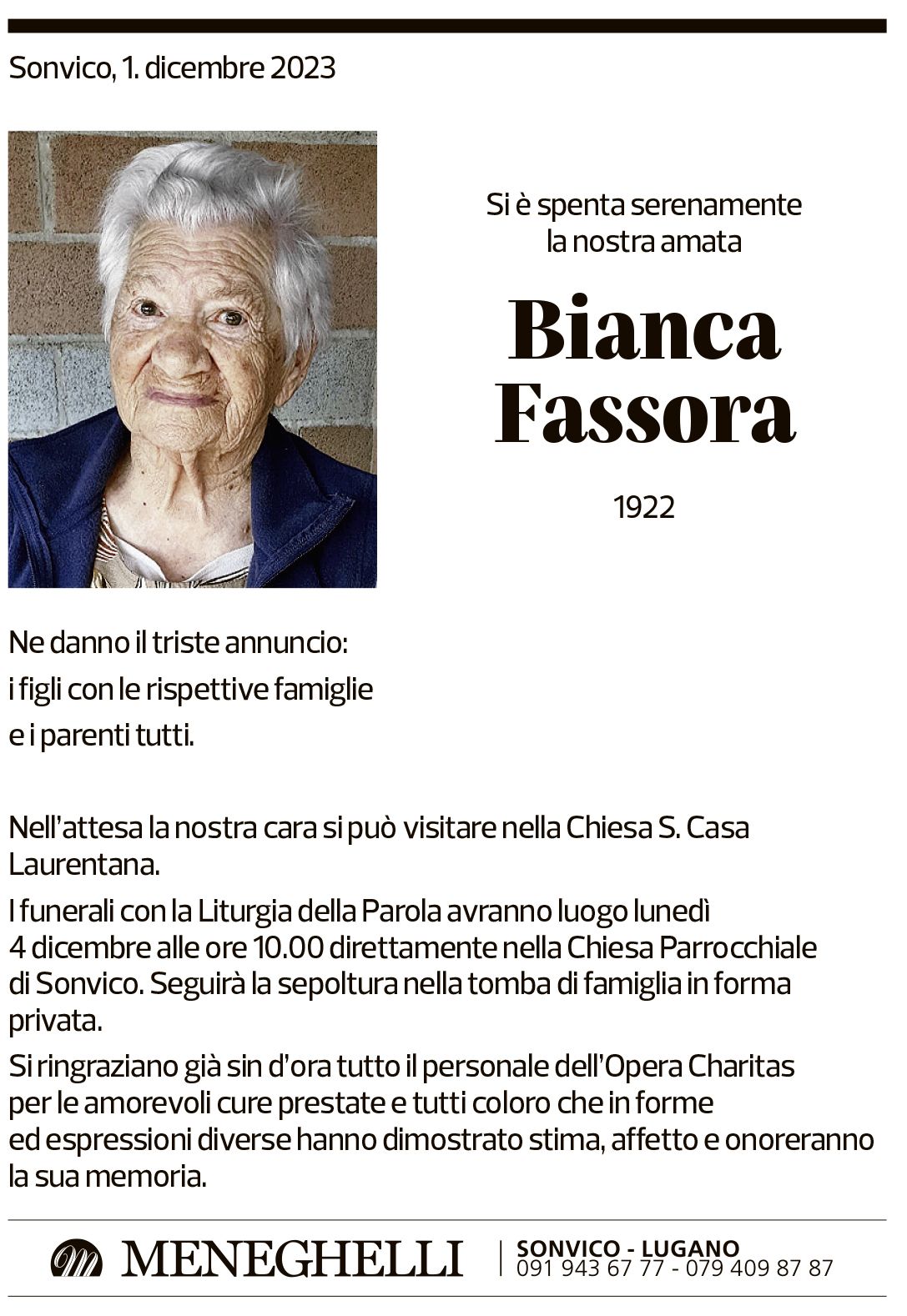 Annuncio funebre Bianca Fassora