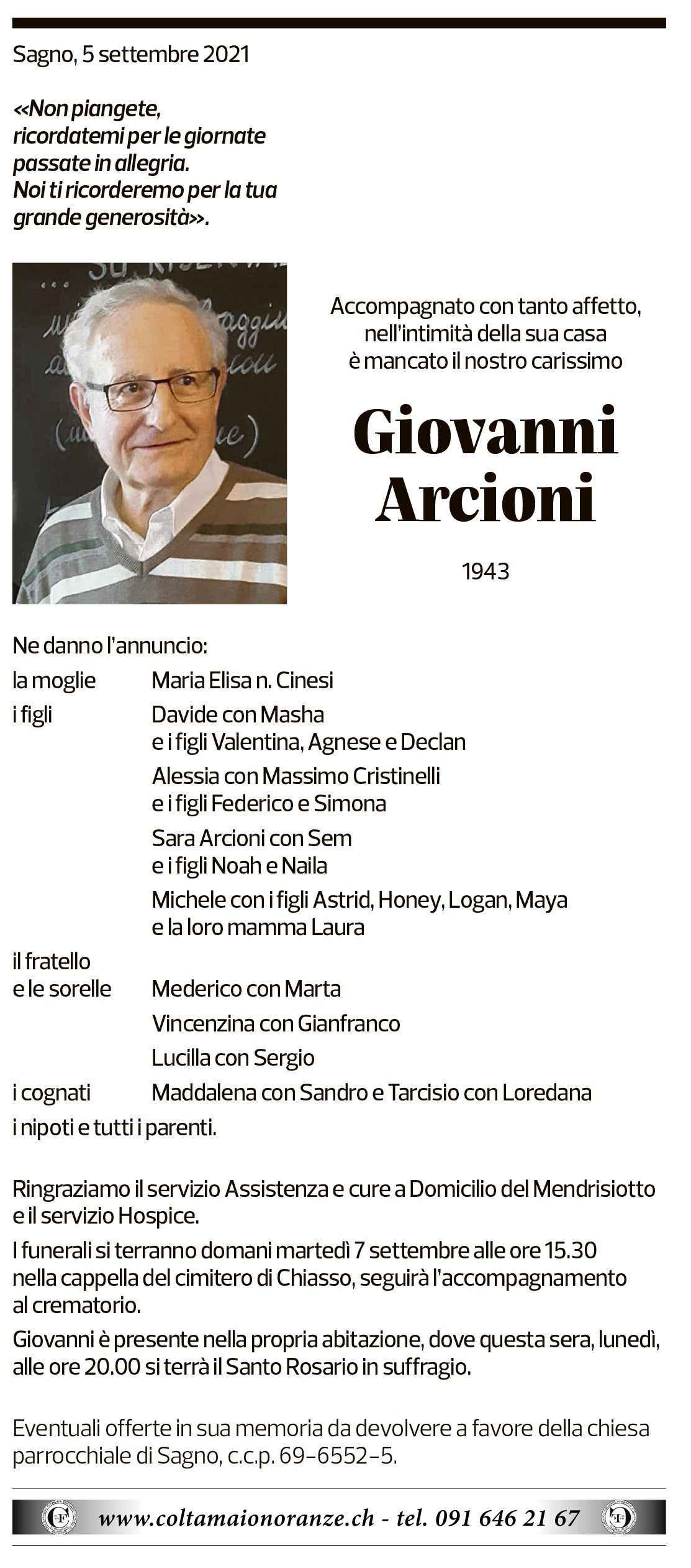 Annuncio funebre Giovanni Arcioni