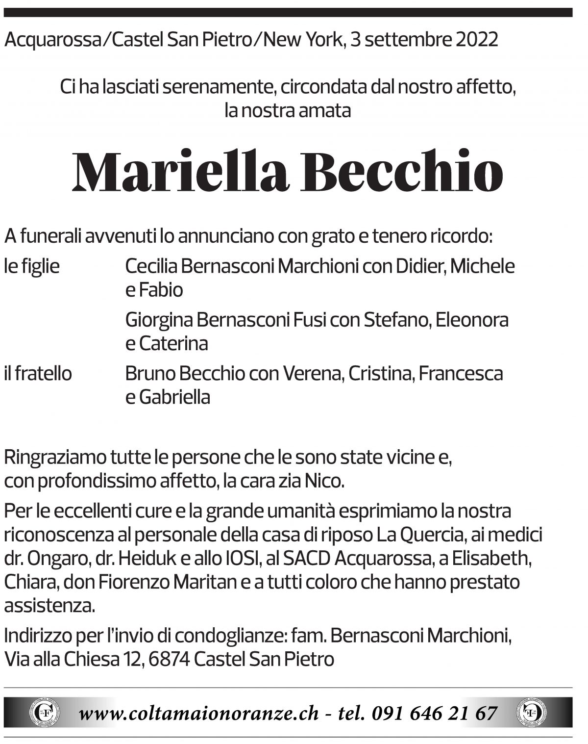 Annuncio funebre Mariella Becchio