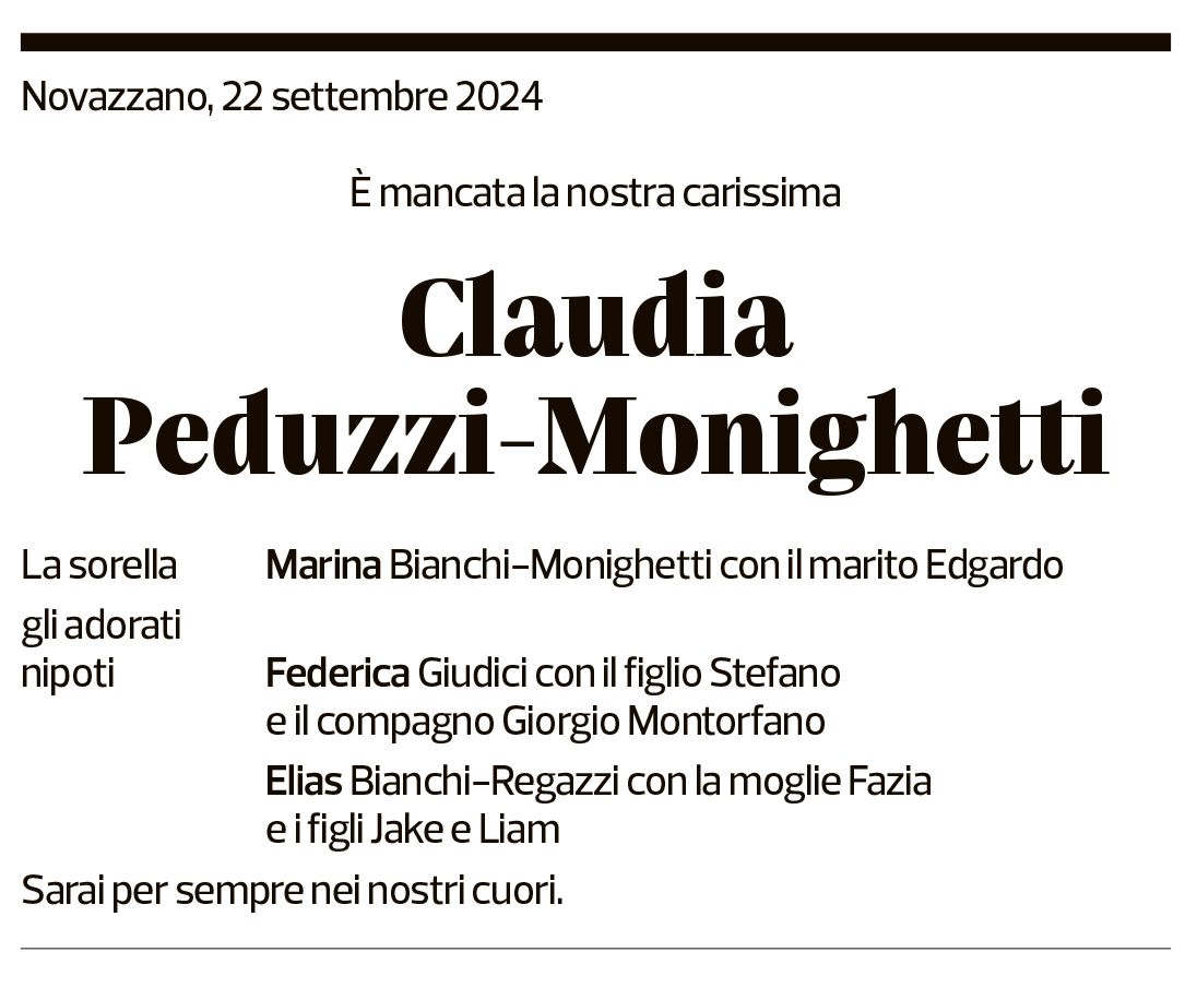 Annuncio funebre Claudia Peduzzi-monighetti