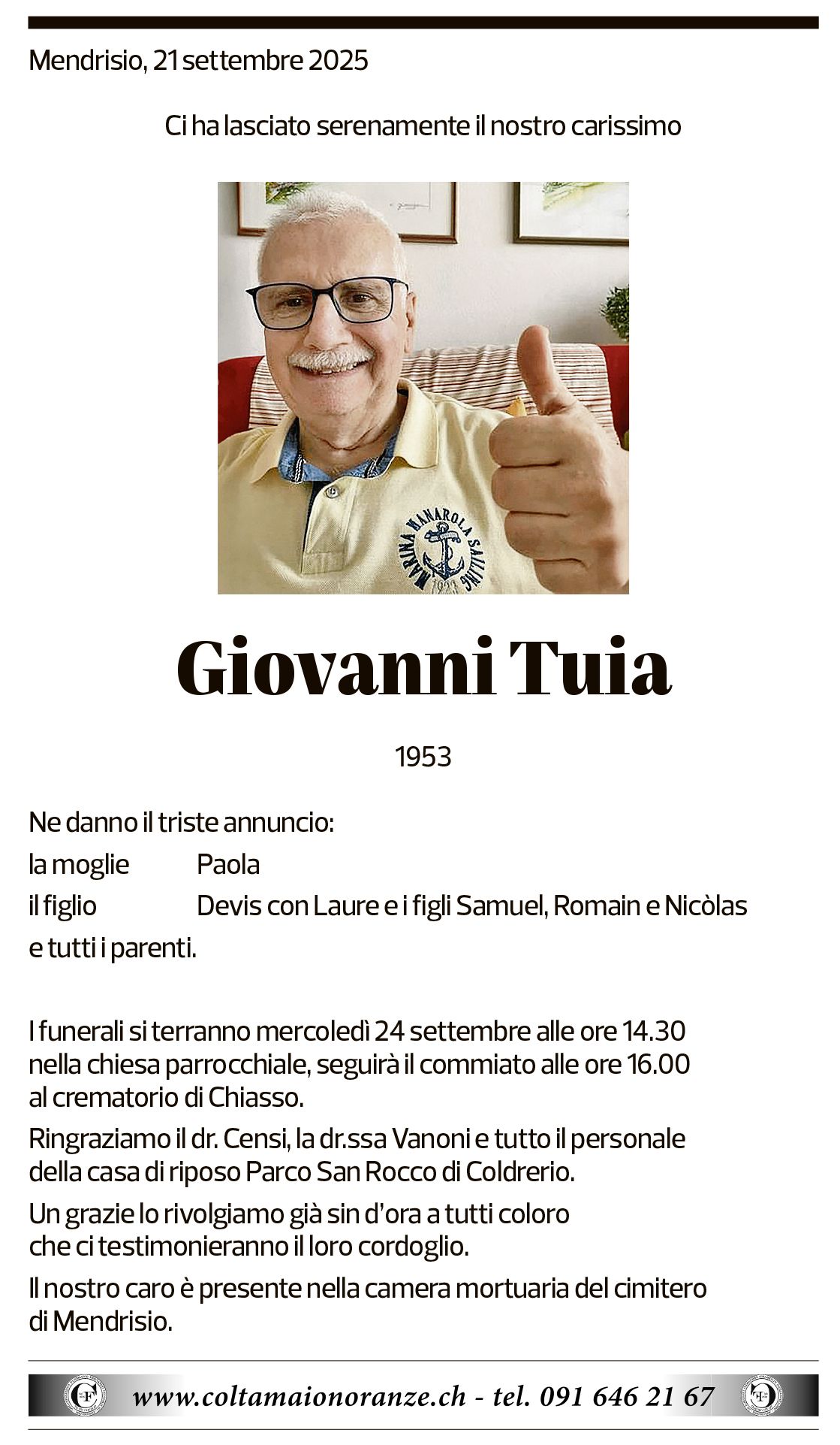 Annuncio funebre Giovanni Tuia