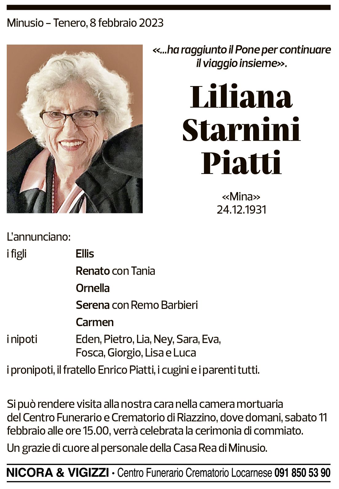 Annuncio funebre Liliana Starnini Piatti