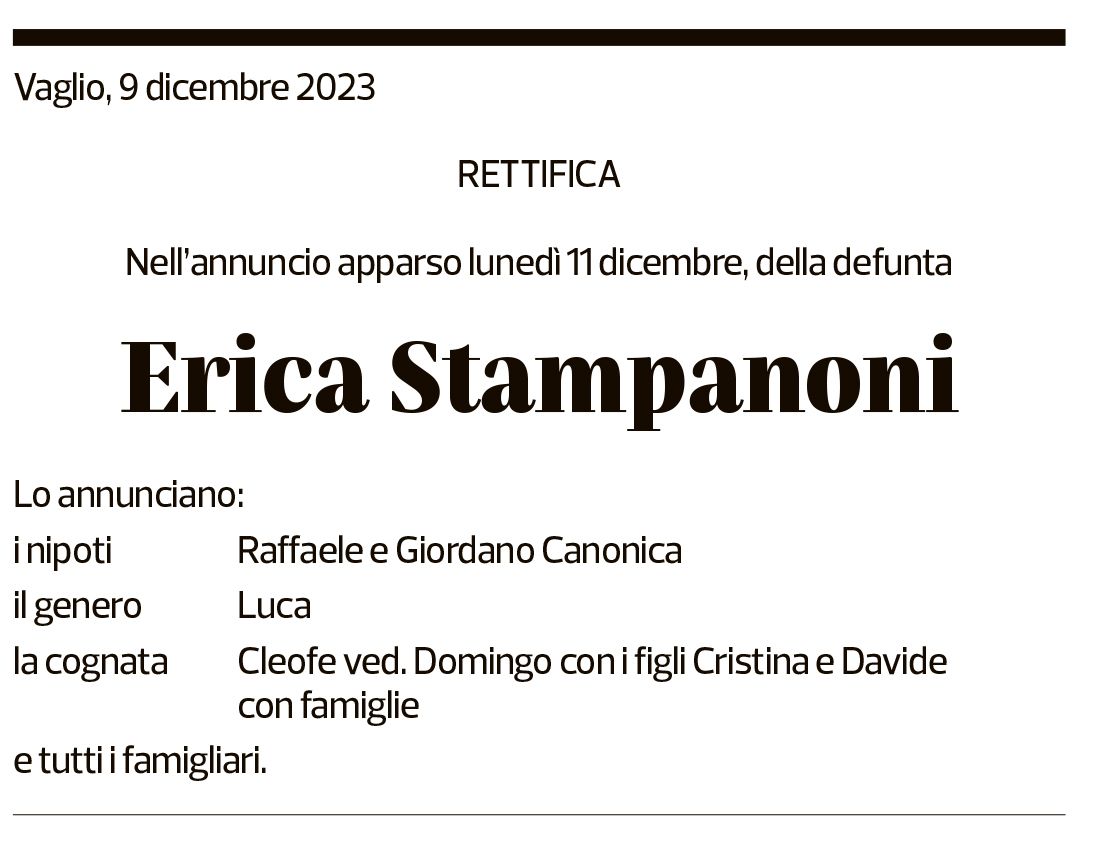 Annuncio funebre Erica Stampanoni