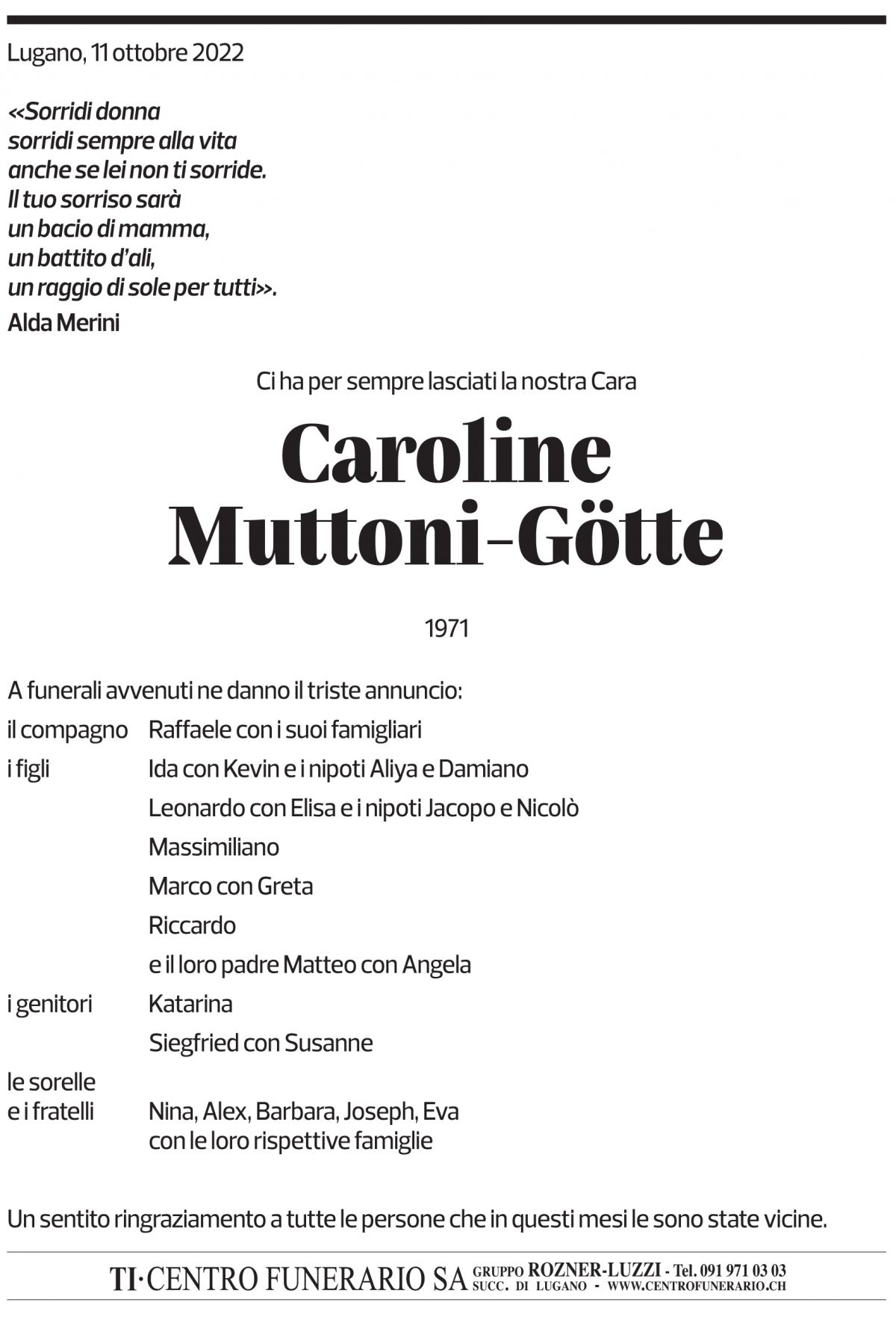 Annuncio funebre Caroline Muttoni-götte