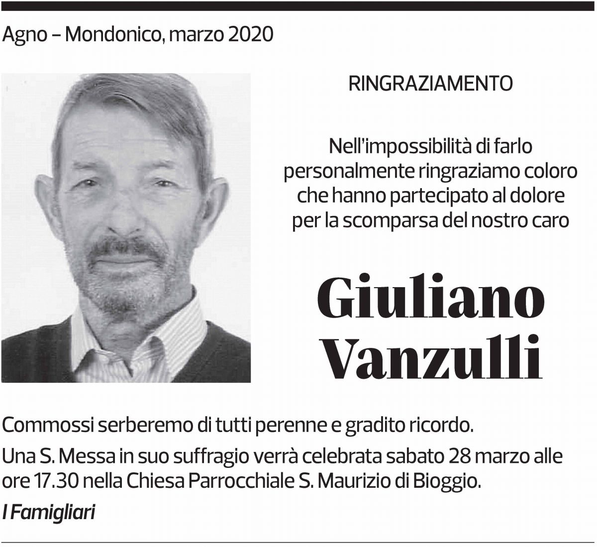Annuncio funebre Giuliano Vanzulli