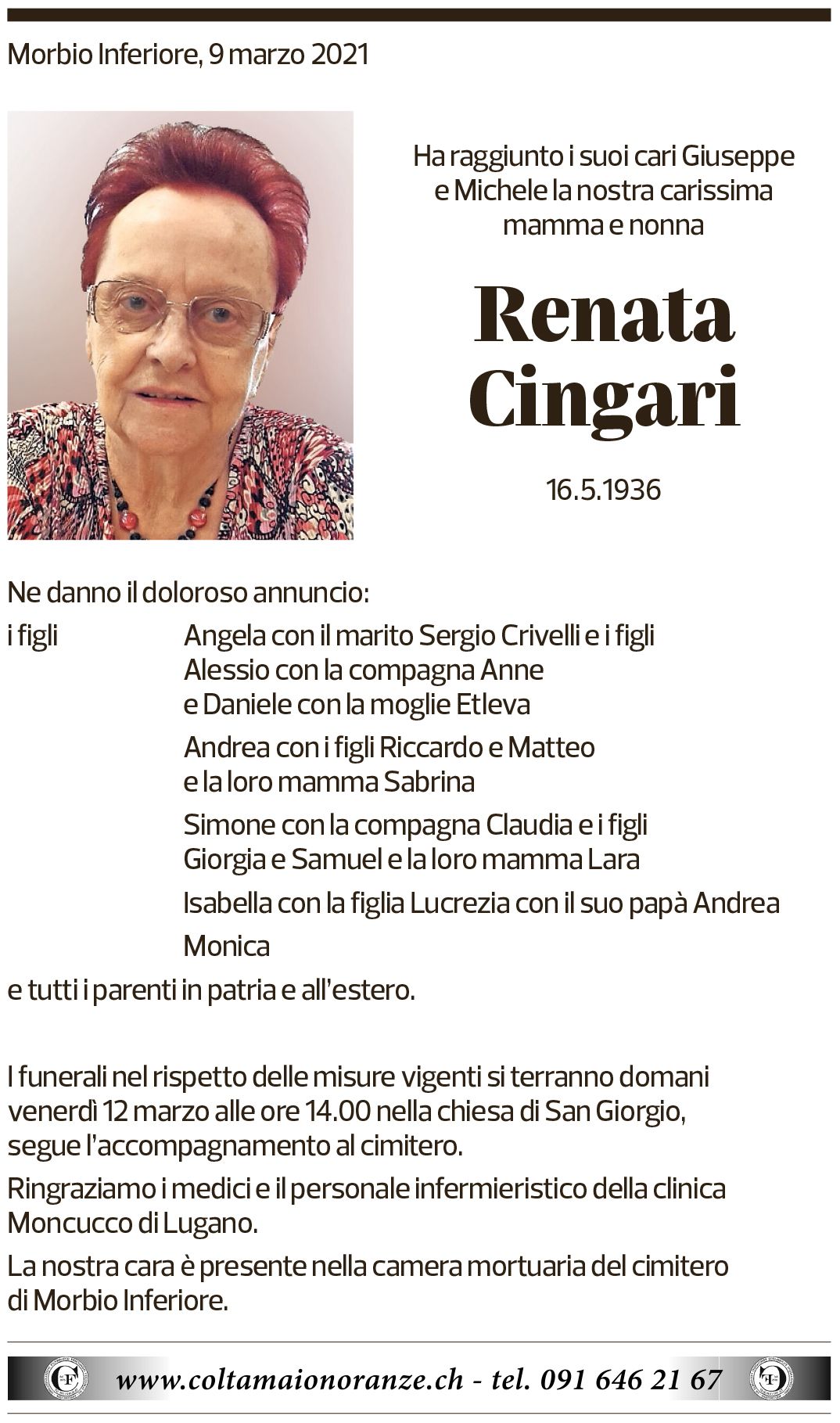 Annuncio funebre Renata Cingari