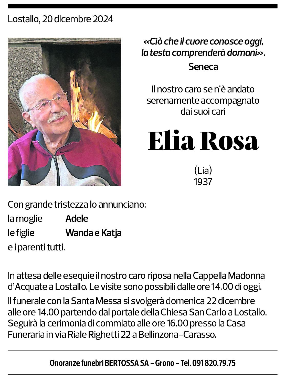 Annuncio funebre Elia Rosa