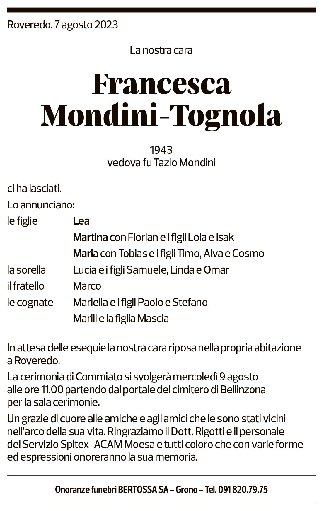 Annuncio funebre Francesca Mondini-tognola