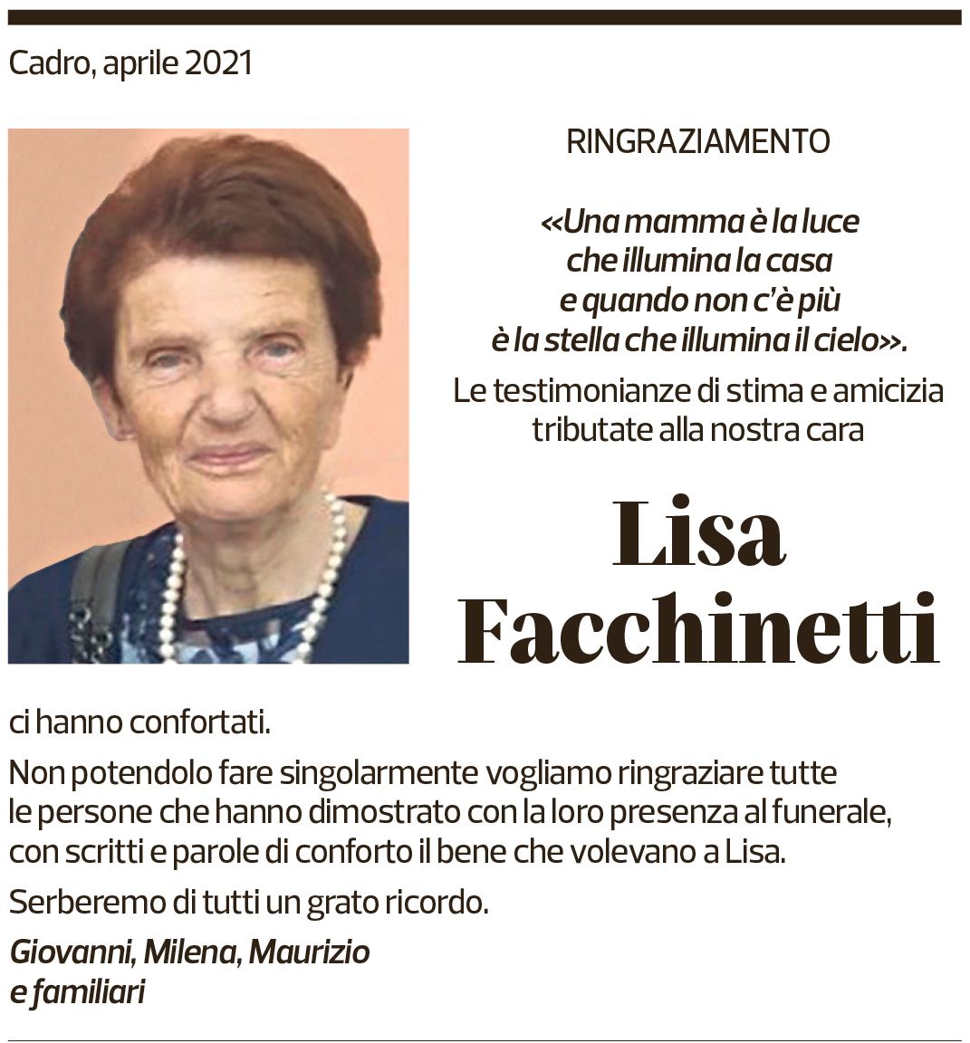 Annuncio funebre Lisa Facchinetti