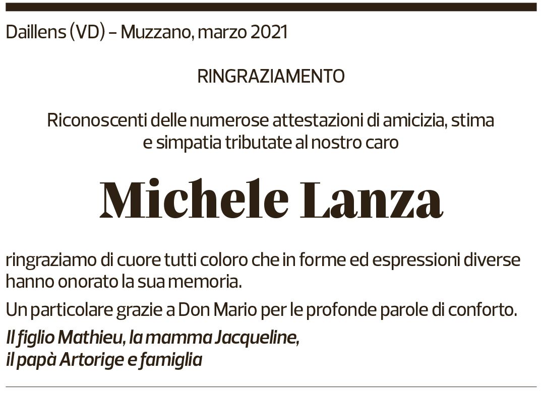 Annuncio funebre Michele Lanza