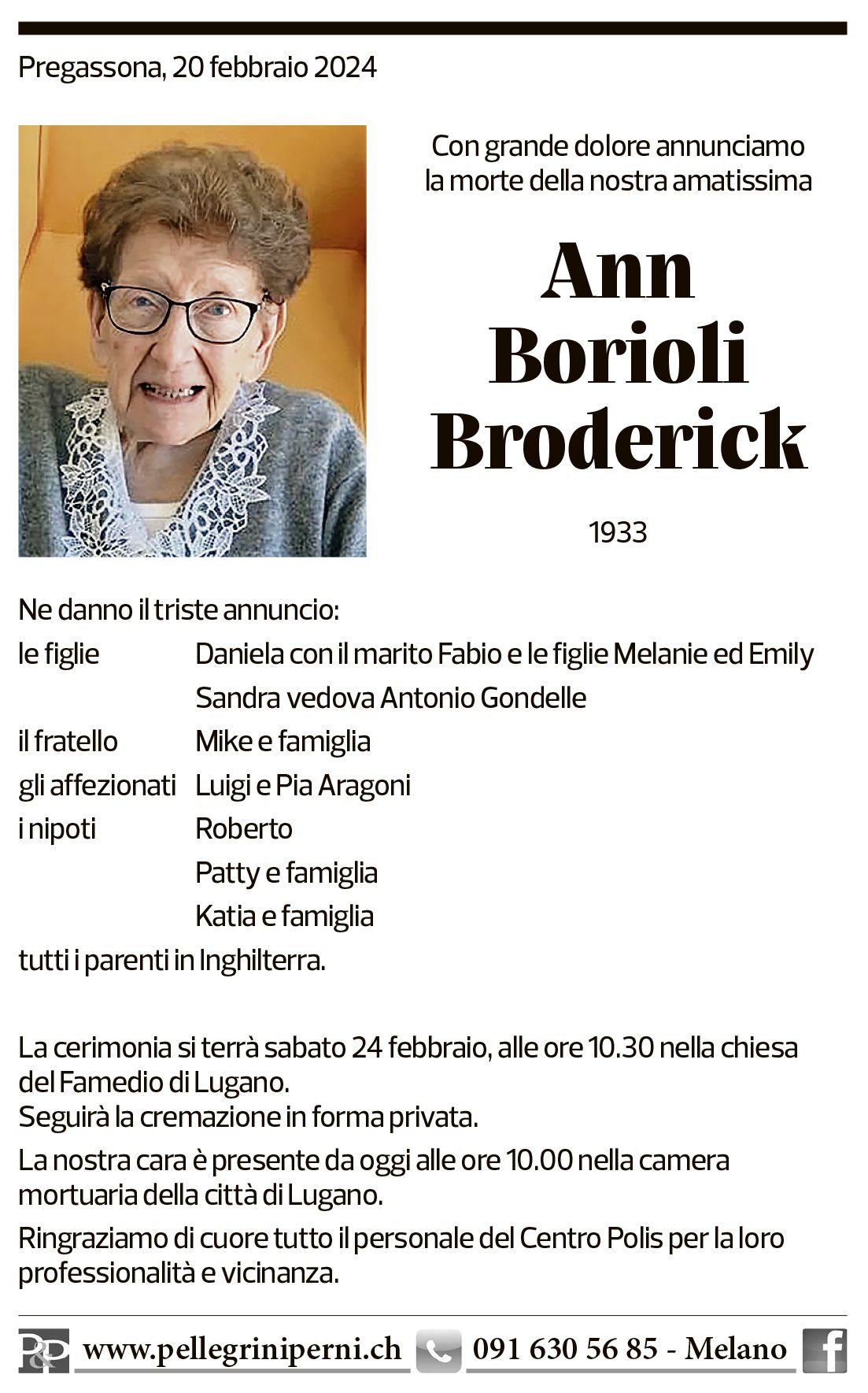 Annuncio funebre Ann Borioli Broderick